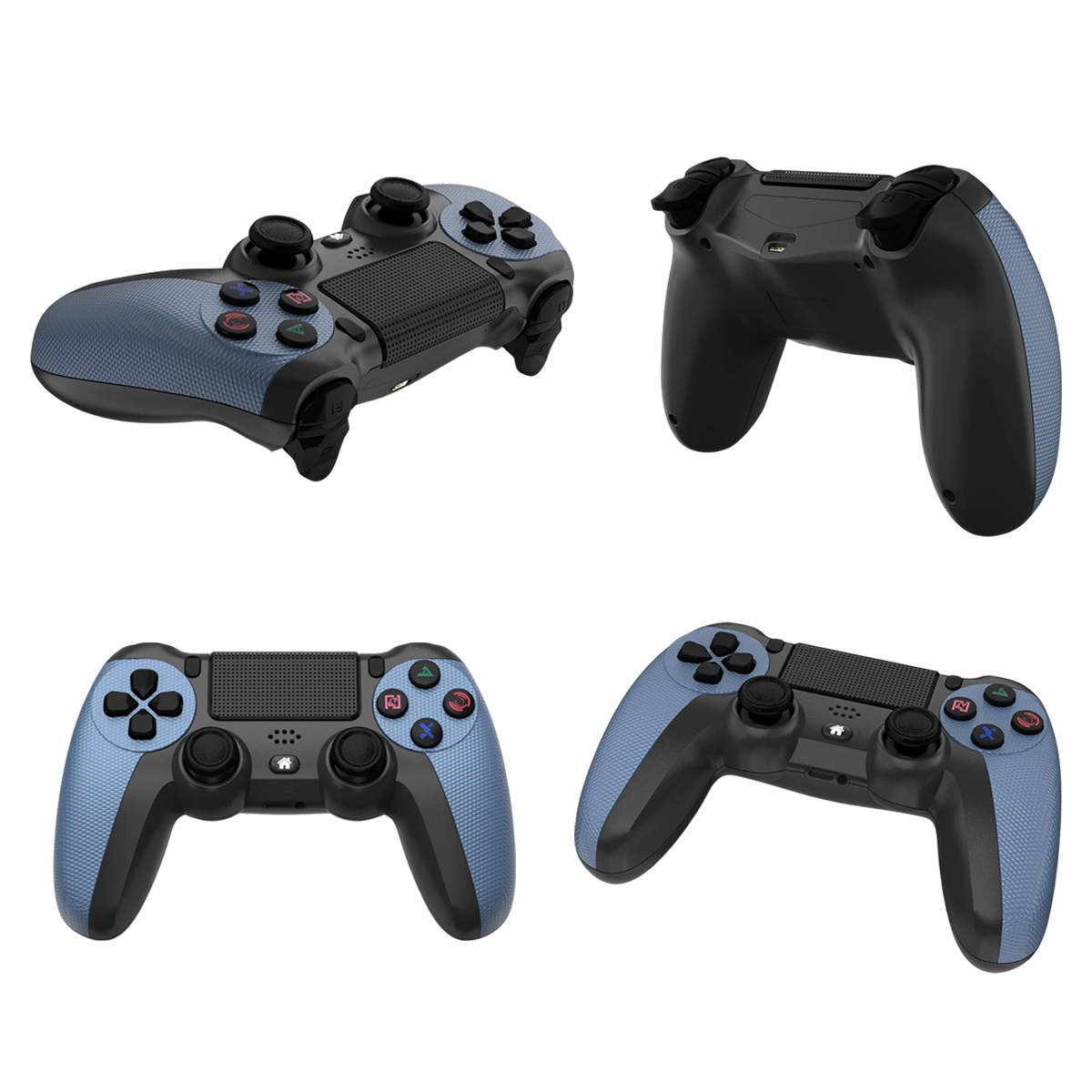 Vier Ansichten eines blau-schwarzen Gamecontrollers, die Vorder-, Rück- und Winkelansichten zeigen. Knöpfe und Joysticks sind sichtbar.