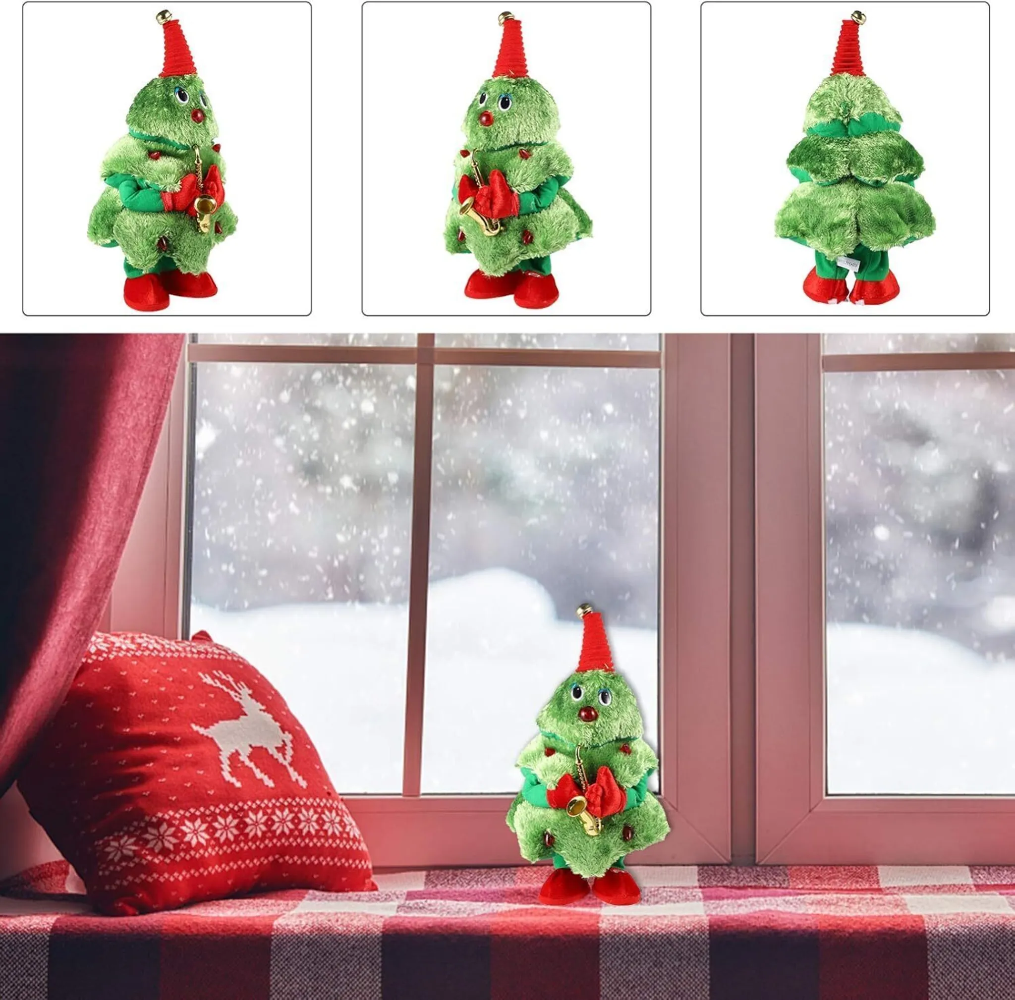 Ein grünes Weihnachtsbaumspielzeug mit rotem Hut und Schuhen, das ein Saxophon hält, in der Nähe eines Fensters mit Schnee draußen.