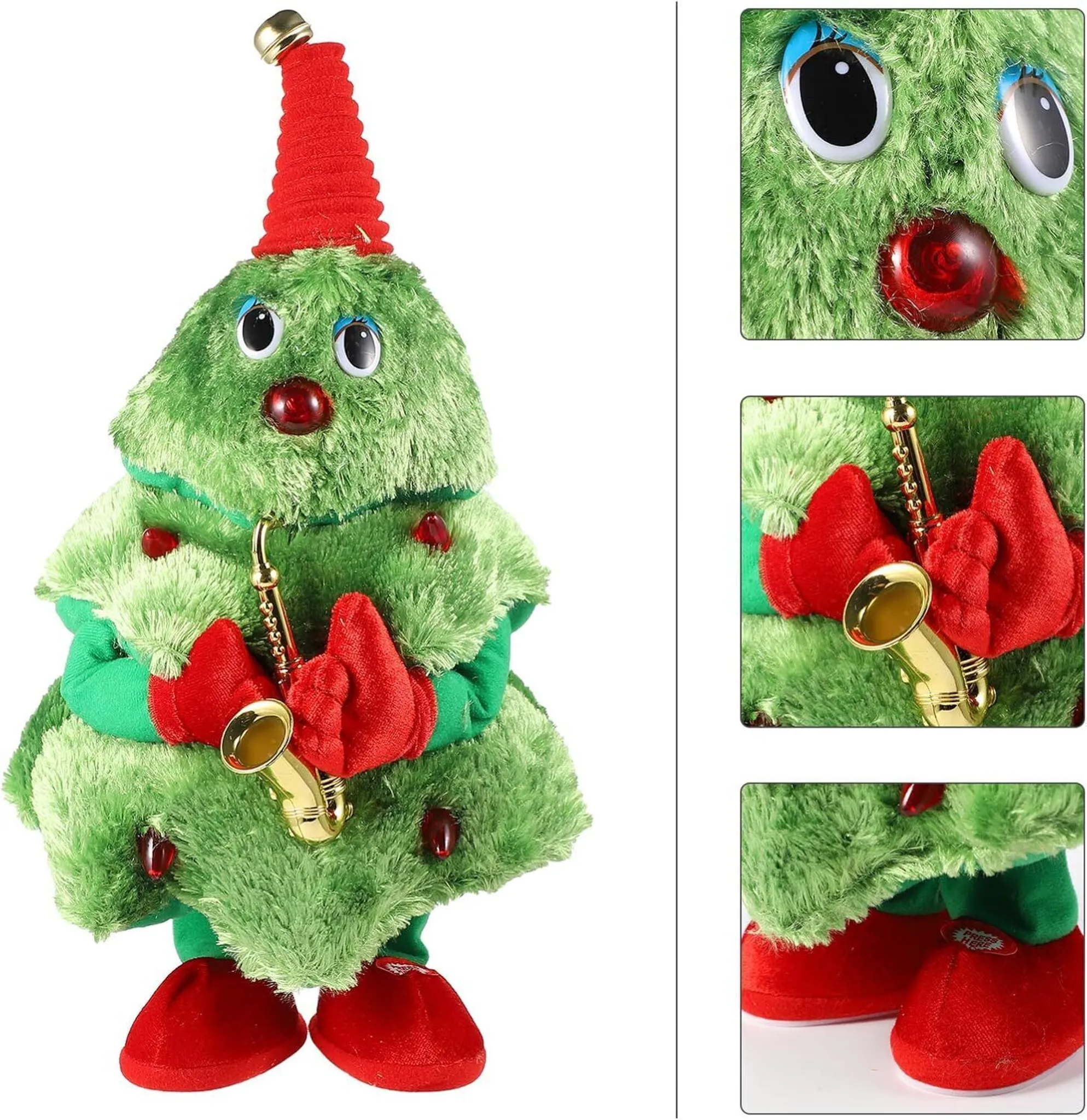 Ein grünes Weihnachtsbaumspielzeug mit rotem Hut, Schleife und Schuhen, das ein goldenes Saxophon hält, mit großen Augen und roter Nase.