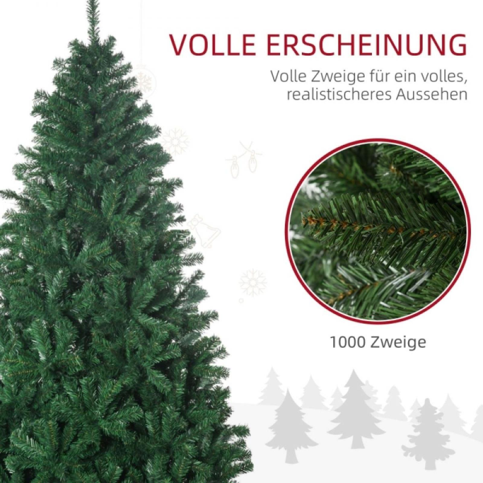 Ein grüner Weihnachtsbaum mit vielen Ästen, ein Nahaufnahme-Kreis von Ästen, Text auf Deutsch. Weißer Hintergrund.