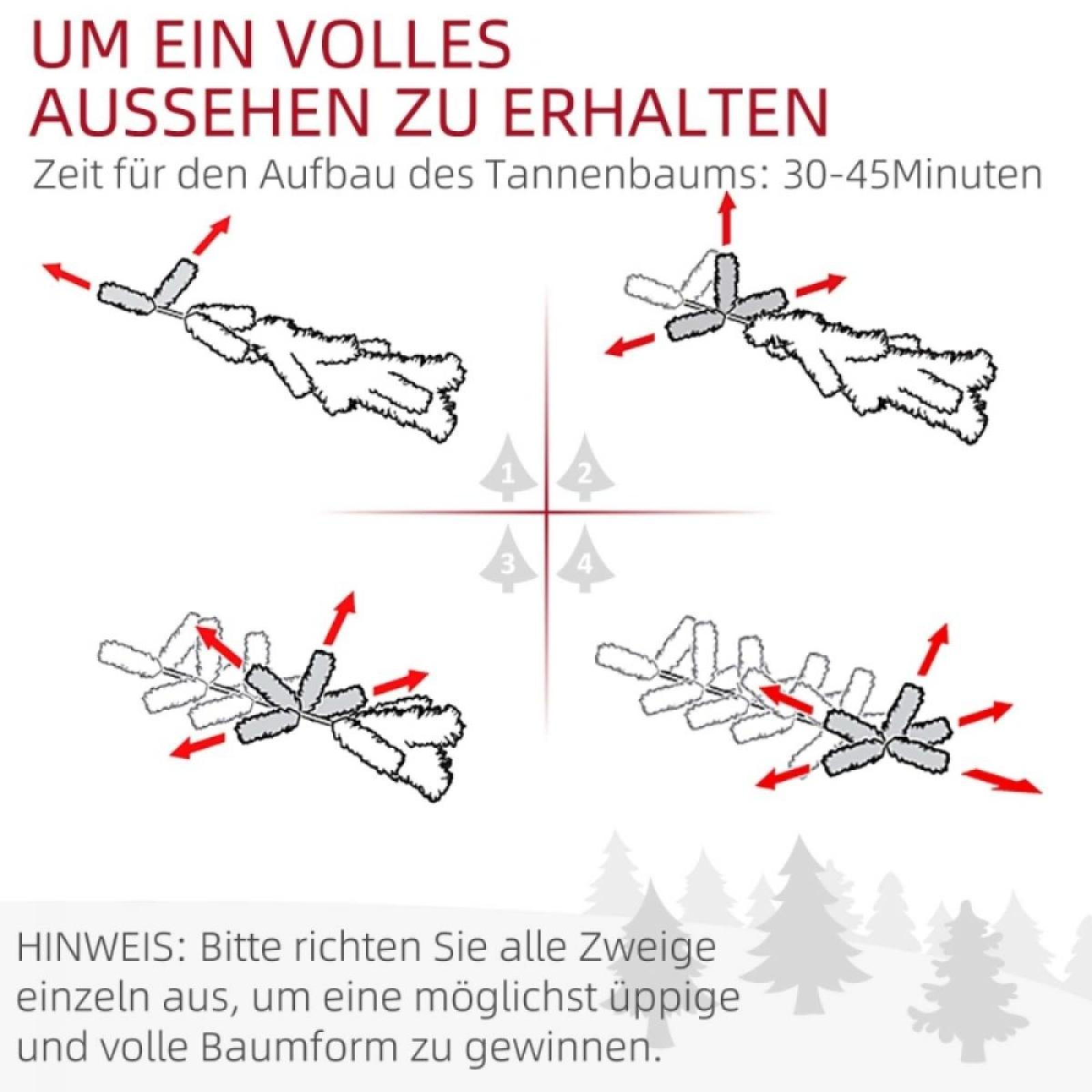 Diagramm zeigt Schritte zum Zusammenbau des Weihnachtsbaums. Anweisungen auf Deutsch mit Pfeilen und Illustrationen.