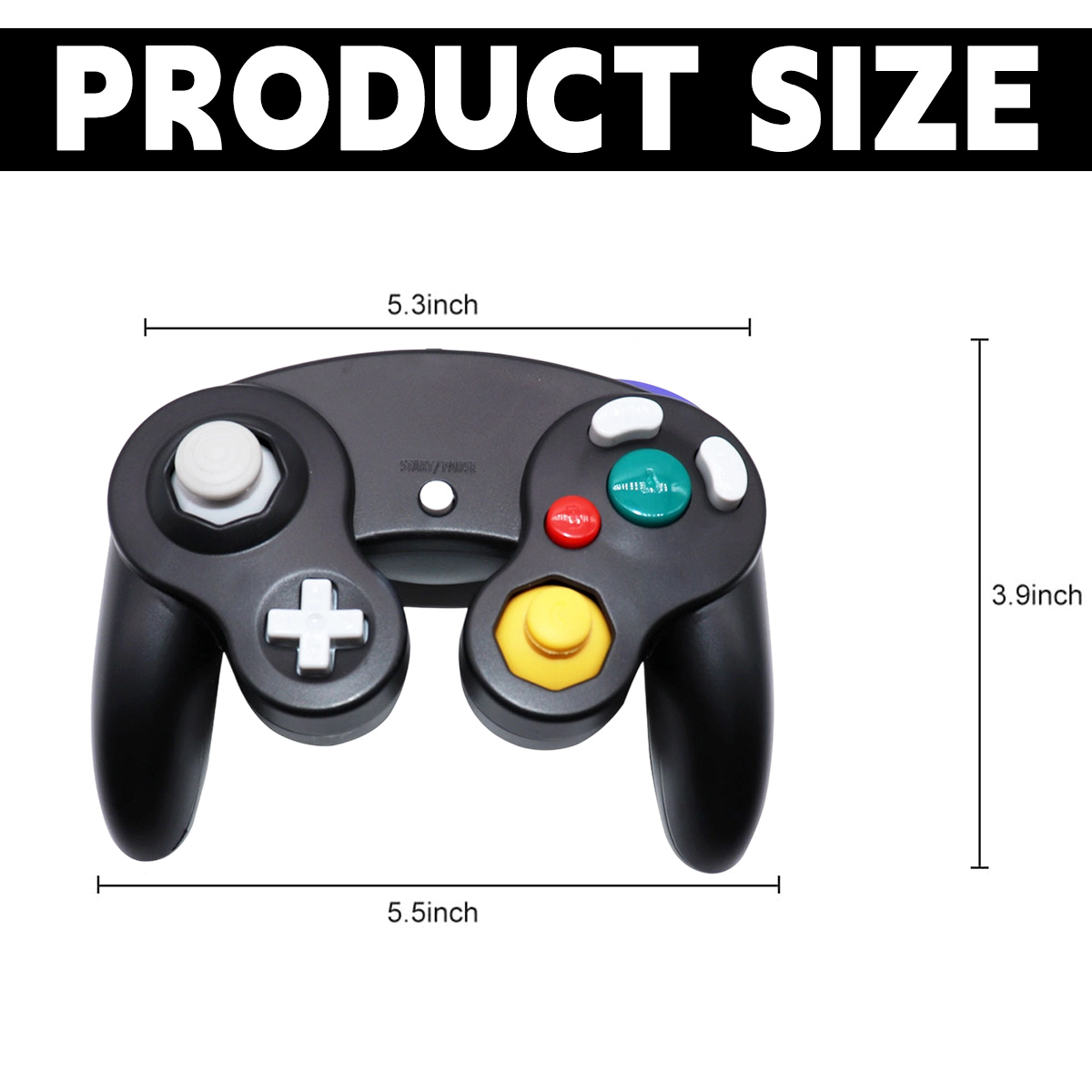 Schwarzer GameCube-Controller mit verschiedenen farbigen Tasten. Abmessungen: 5,3 x 5,5 x 3,9 Zoll. Der Text oben lautet "PRODUCT SIZE".