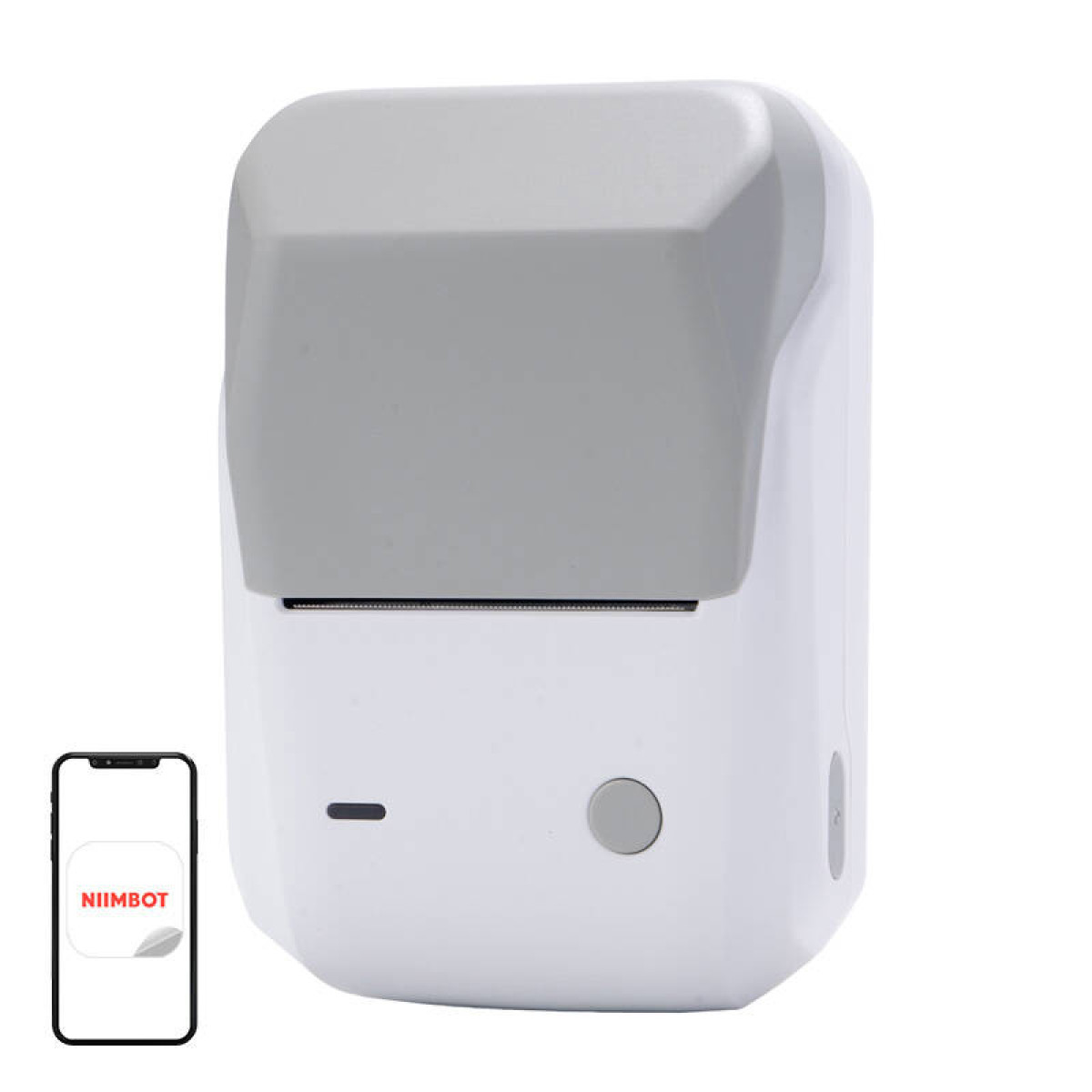 Stampante per etichette bianca e grigia con smartphone con app NIIMBOT. La stampante ha un coperchio grigio e un pulsante rotondo.