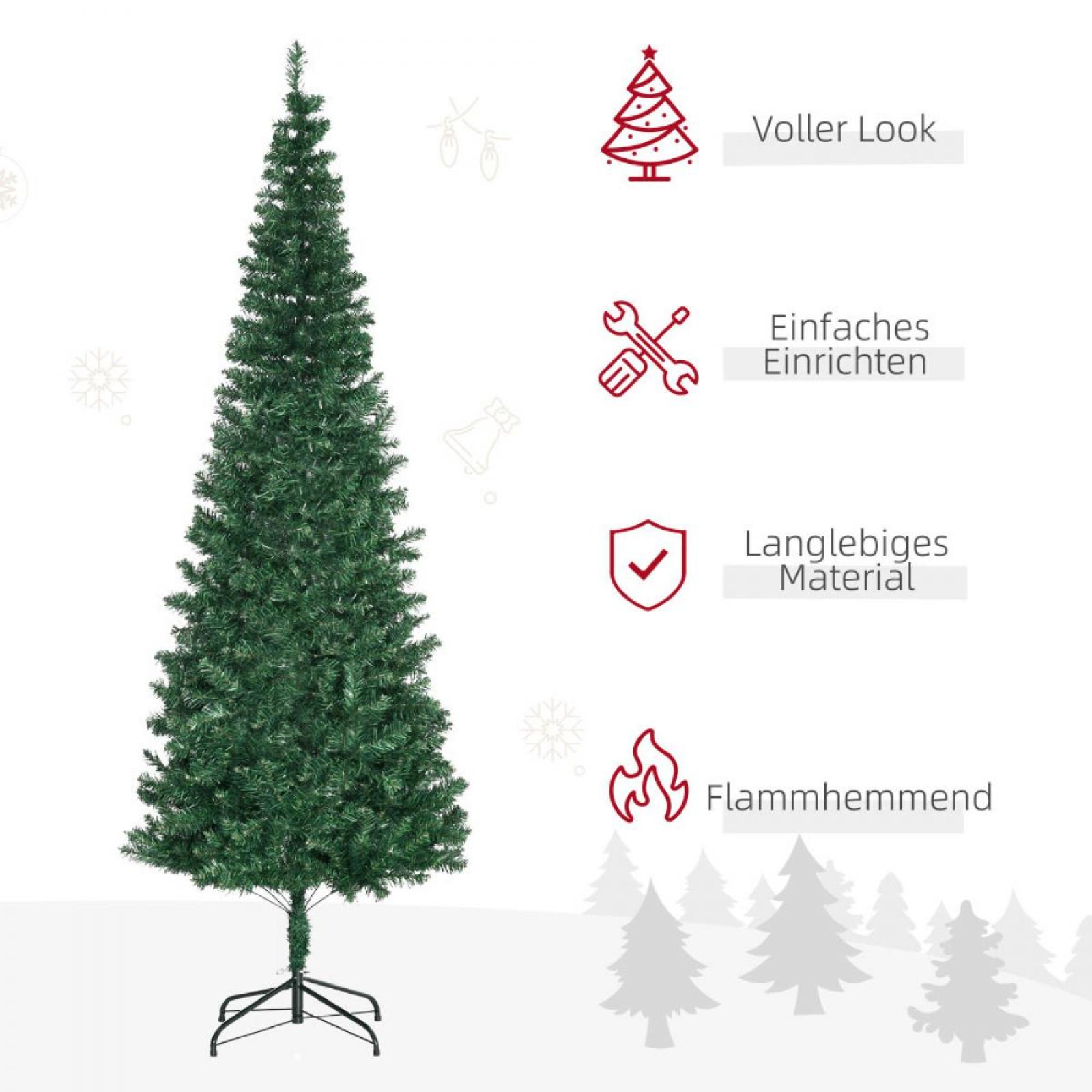 Ein grüner künstlicher Weihnachtsbaum steht auf einem schwarzen Ständer. Text beschreibt Merkmale wie volles Aussehen und Flammschutz.