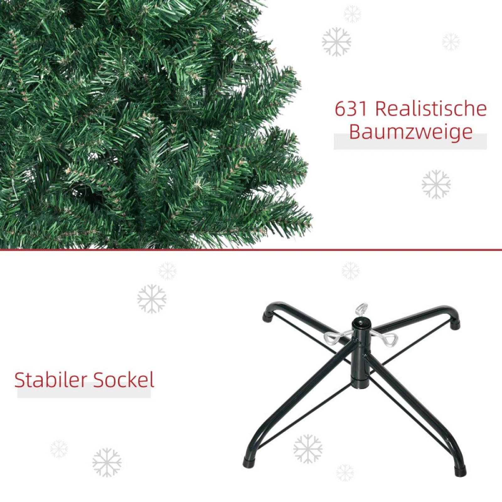Das Bild zeigt einen grünen Weihnachtsbaum mit realistischen Ästen und einem schwarzen Metallständer. Text: 631 Realistische Baumzweige.