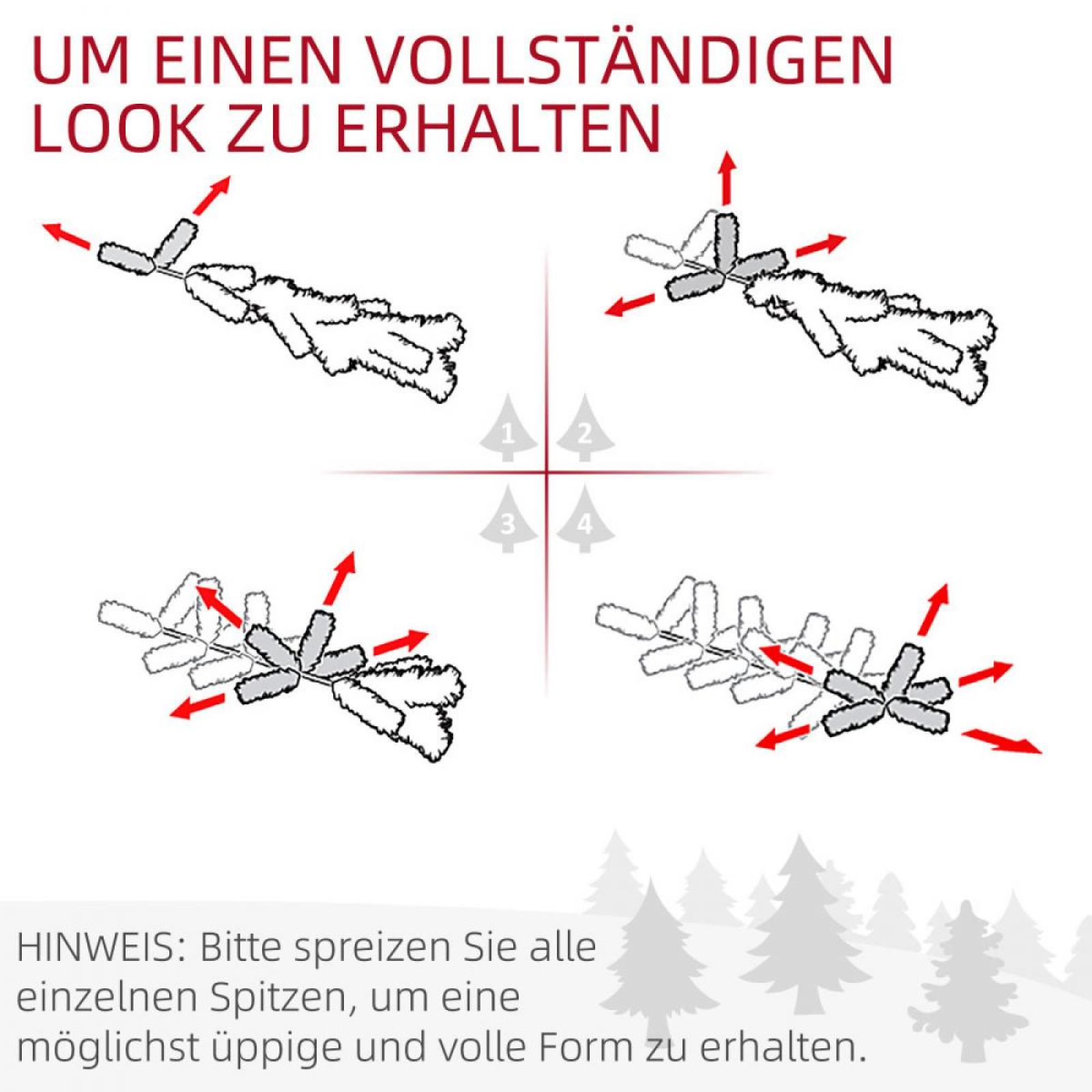 Diagramm zeigt, wie man Baumzweige spreizt. Pfeile zeigen die Richtung. Text sagt, wie man einen vollen Look erhält.
