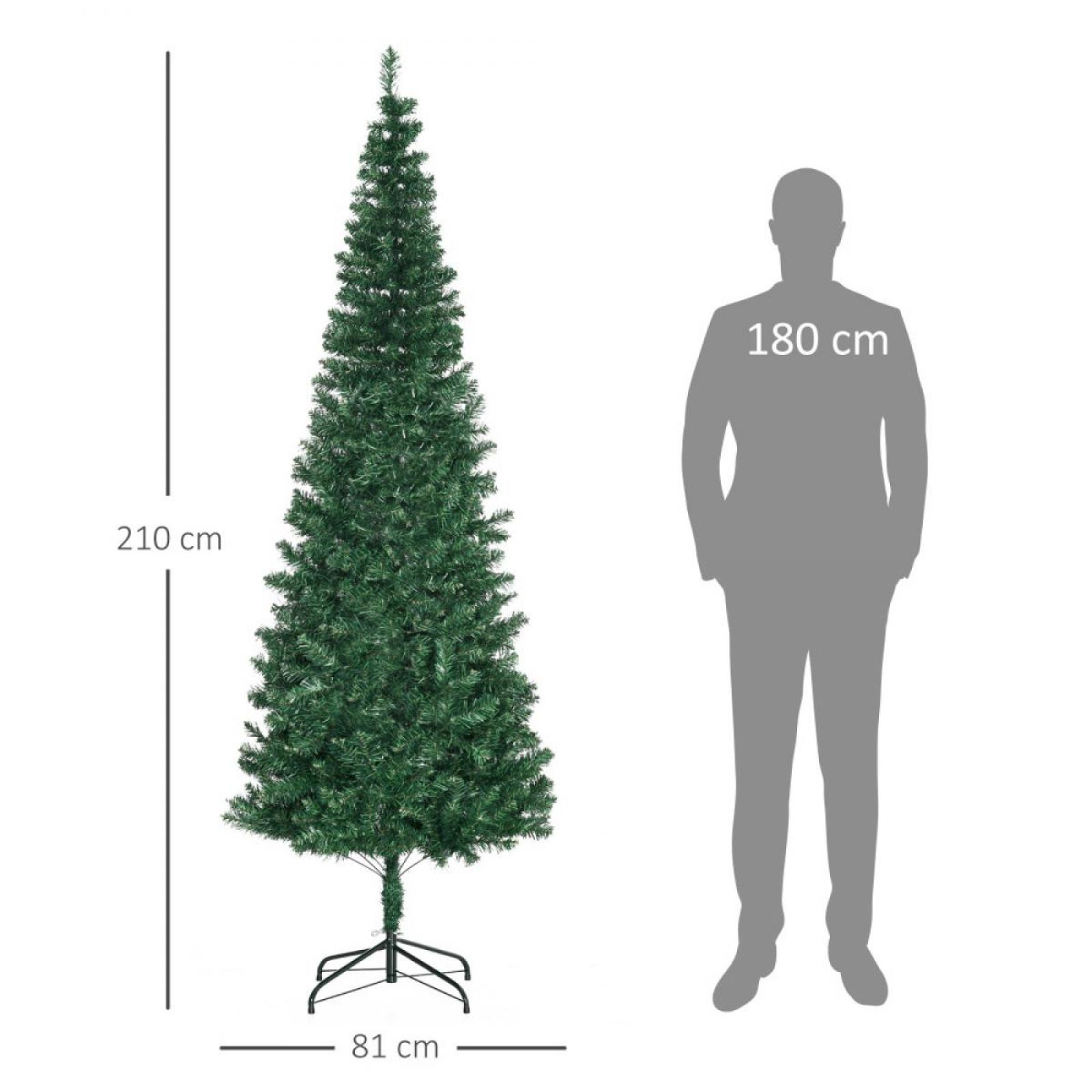 Ein grüner Weihnachtsbaum, 210 cm hoch, neben einer Silhouette einer Person, 180 cm hoch. Der Baum ist 81 cm breit.