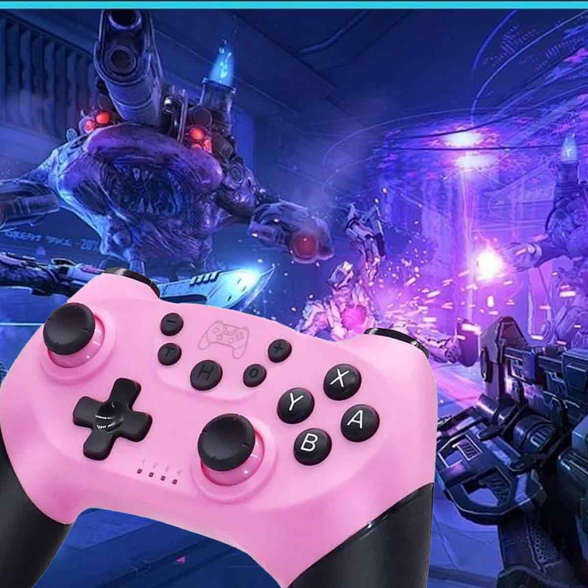 Ein rosafarbener Gamecontroller mit schwarzen Akzenten befindet sich im Vordergrund. Eine futuristische Kampfszene ist im Hintergrund.