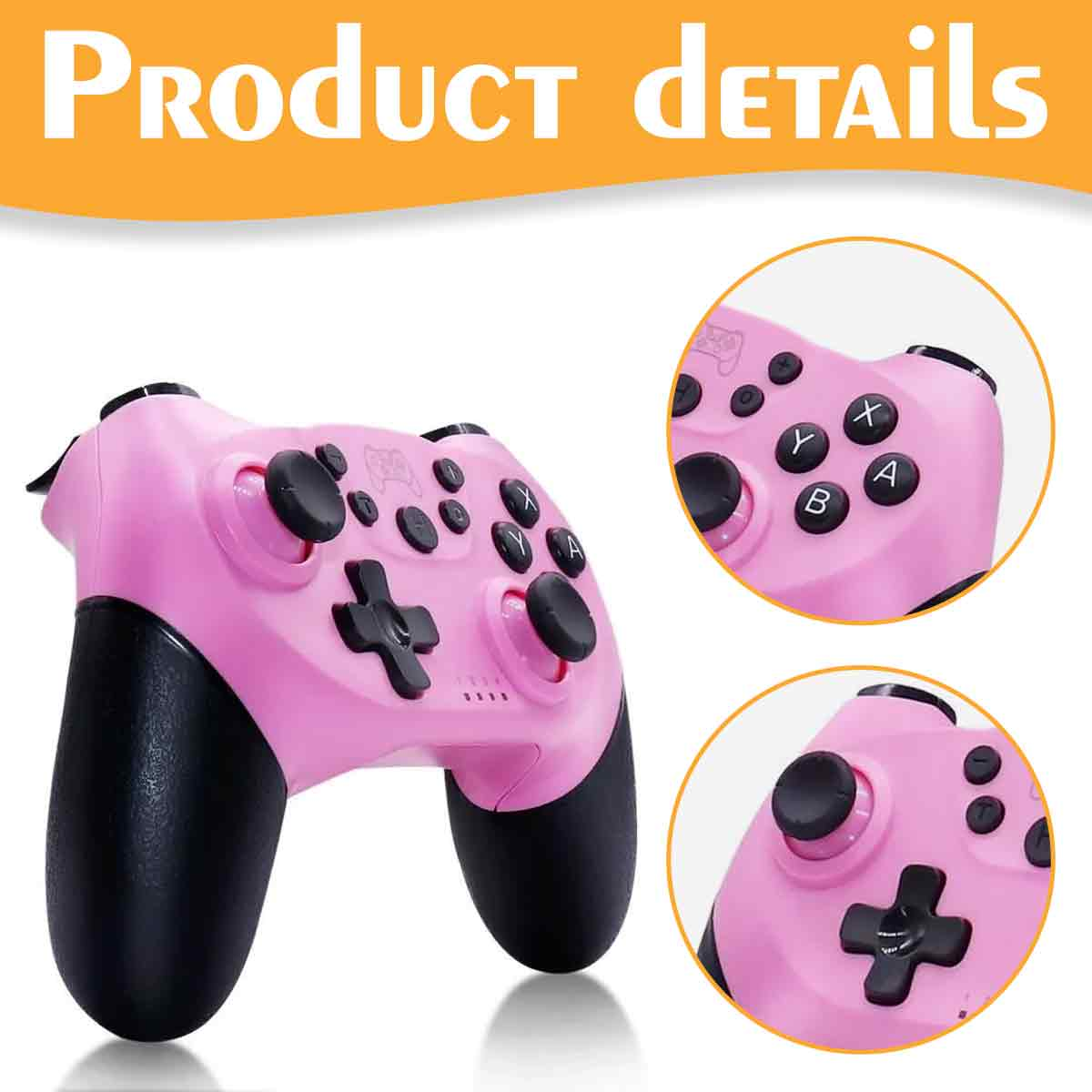 Ein rosa Gamecontroller mit schwarzen Griffen, Knöpfen und Details. Oben rechts sind Details der Knöpfe eingekreist.
