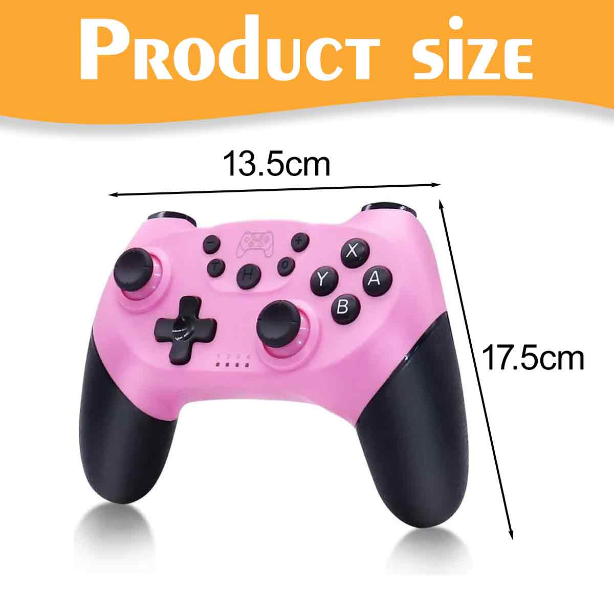 Rosa Gamepad mit schwarzen Griffen, beschrifteten Tasten und Abmessungen von 13,5 cm x 17,5 cm. Text-Overlay: Produktgröße.