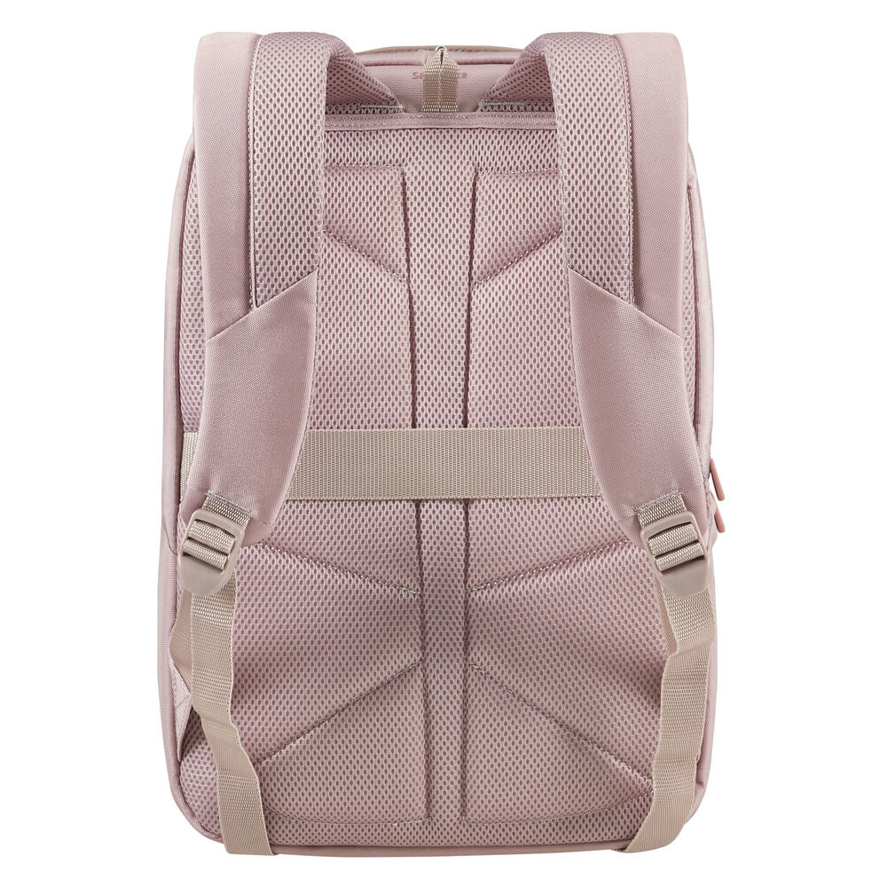 Rückseite eines pinkfarbenen Rucksacks. Gepolstertes Mesh-Rückenteil, Schultergurte und Brustgurt. Beige Gurte und Details. Logo und Reißverschluss sichtbar.
