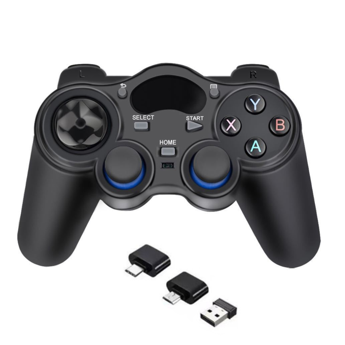 Schwarzer Gamecontroller mit Knöpfen, Joysticks und drei USB-Anschlüssen auf weißem Hintergrund.