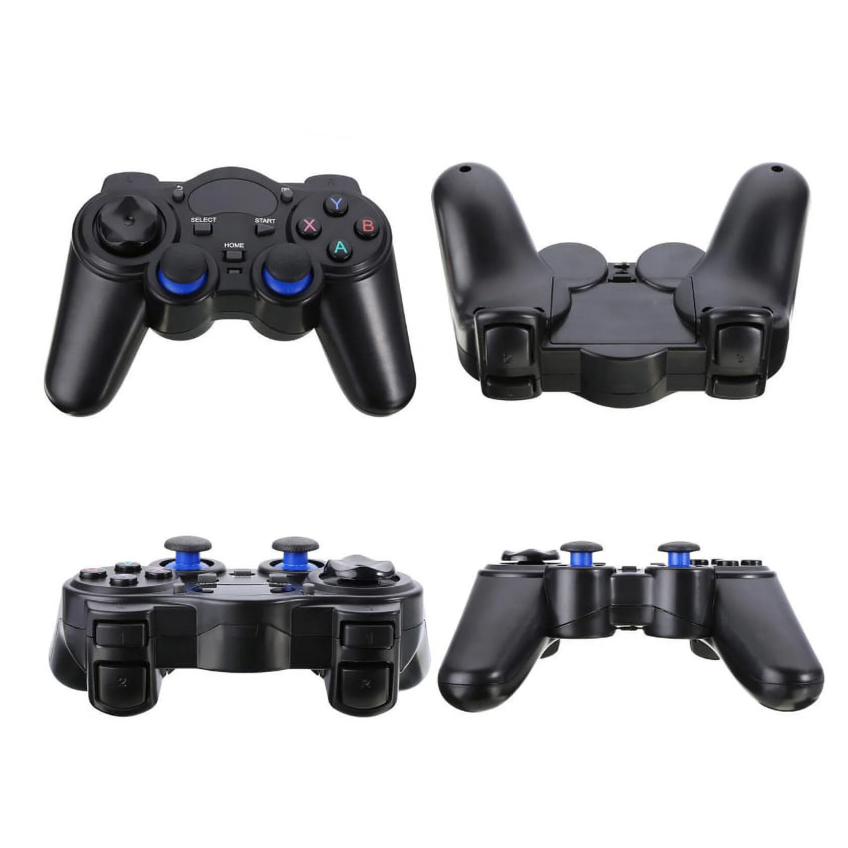 Vier Ansichten eines schwarzen Gamecontrollers. Knöpfe und Joysticks sind sichtbar. Der Controller hat blaue Akzente.