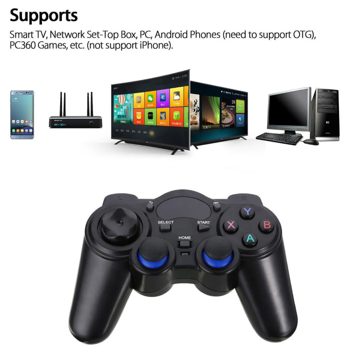 Das Bild zeigt einen schwarzen Gamecontroller mit Fernseher, Computer, Telefon. Text: Smart TV, PC, Android-Telefone, PC360-Spiele usw.