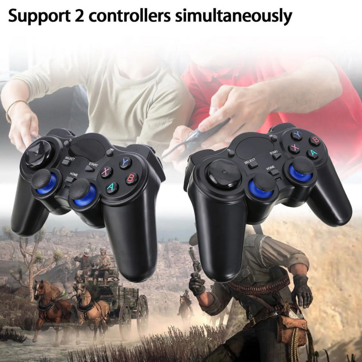 Zwei schwarze Gamecontroller mit blauen Knöpfen. Im Hintergrund sind Menschen, Pferde und ein Wagen zu sehen.