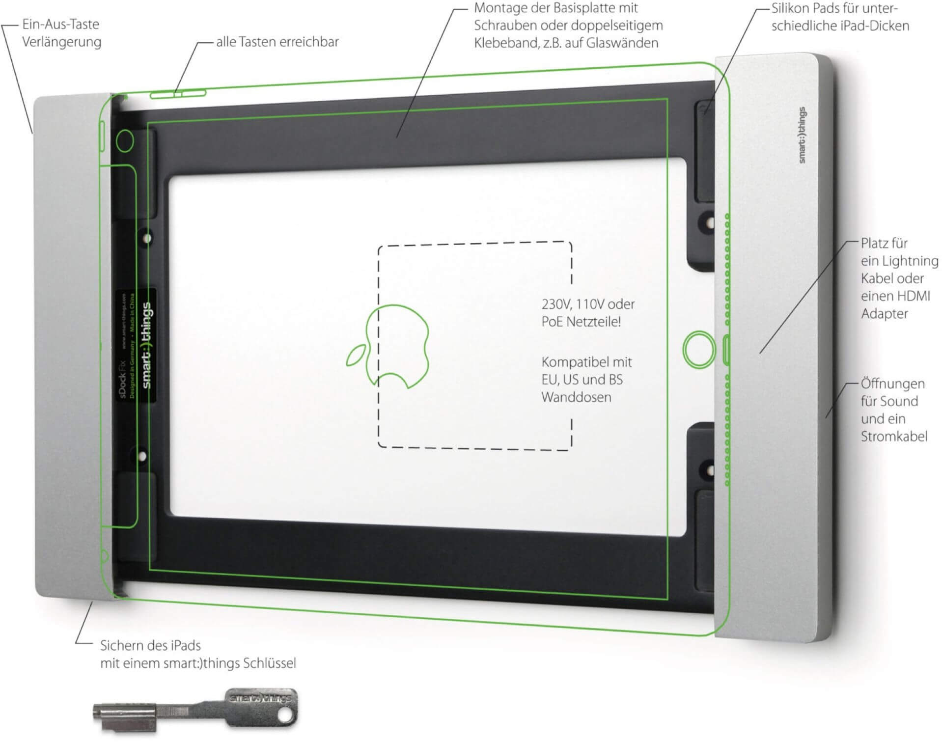 Silberne iPad-Dockingstation mit Etiketten und einem Schlüssel. Merkmale sind Strom, Ton und Lightning/HDMI-Adaptersteckplätze.