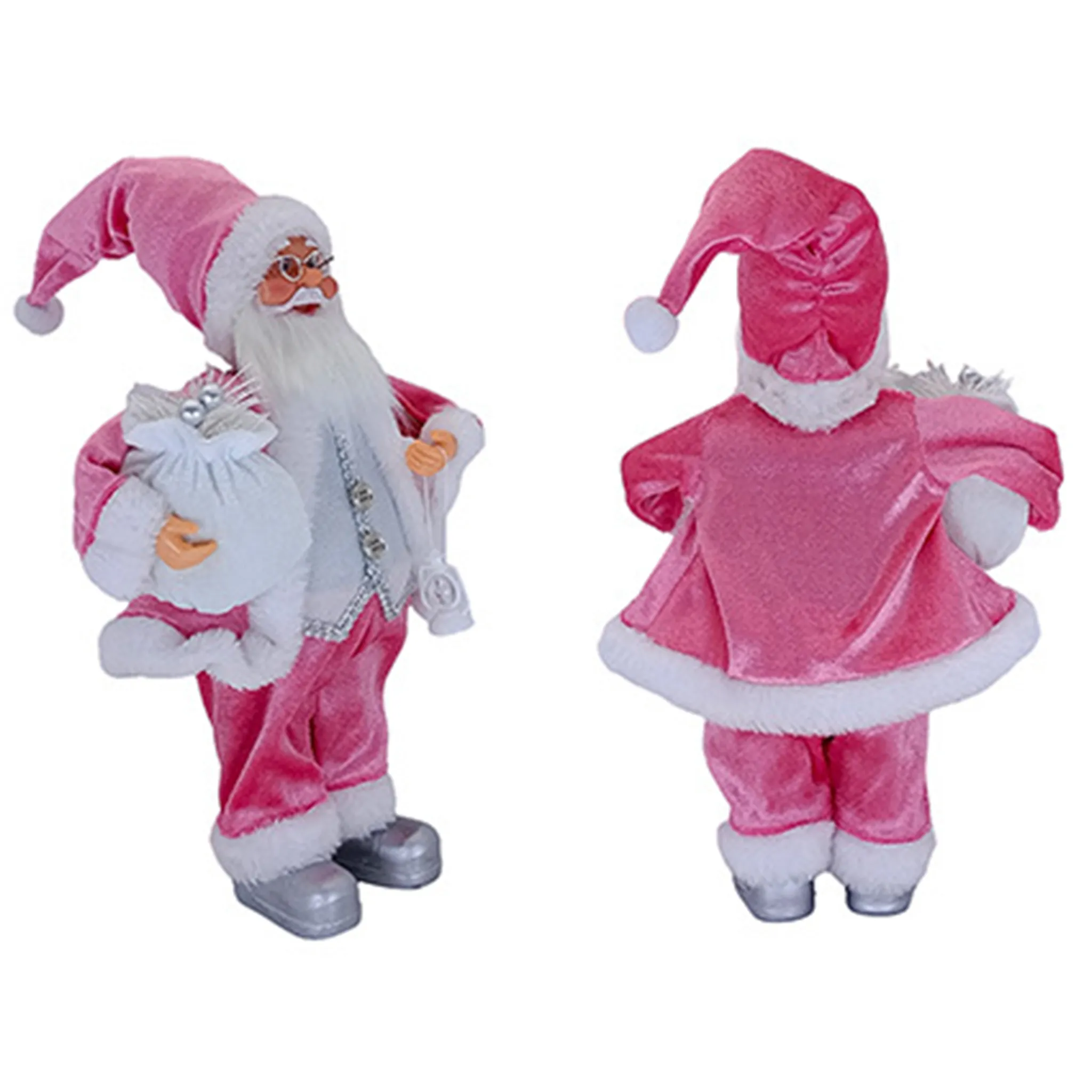 Zwei rosa Weihnachtsmannfiguren. Einer hält eine Tasche, der andere ist abgewandt. Beide haben weißen Besatz und Hüte.