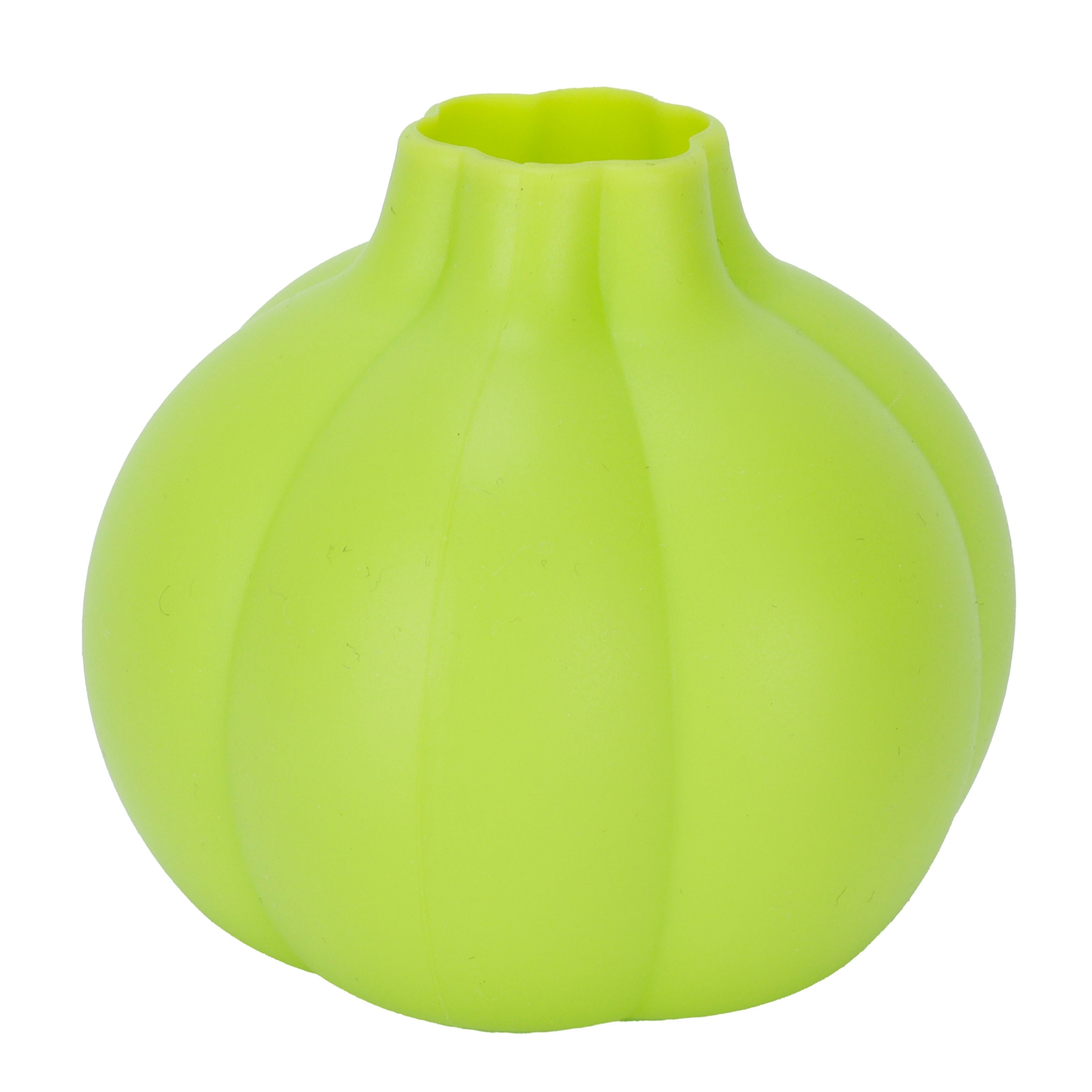 Ein grünes, zwiebelförmiges Objekt, das einer Knoblauchzehe oder einer Vase ähnelt, mit breitem Körper und schmaler, offener Oberseite.