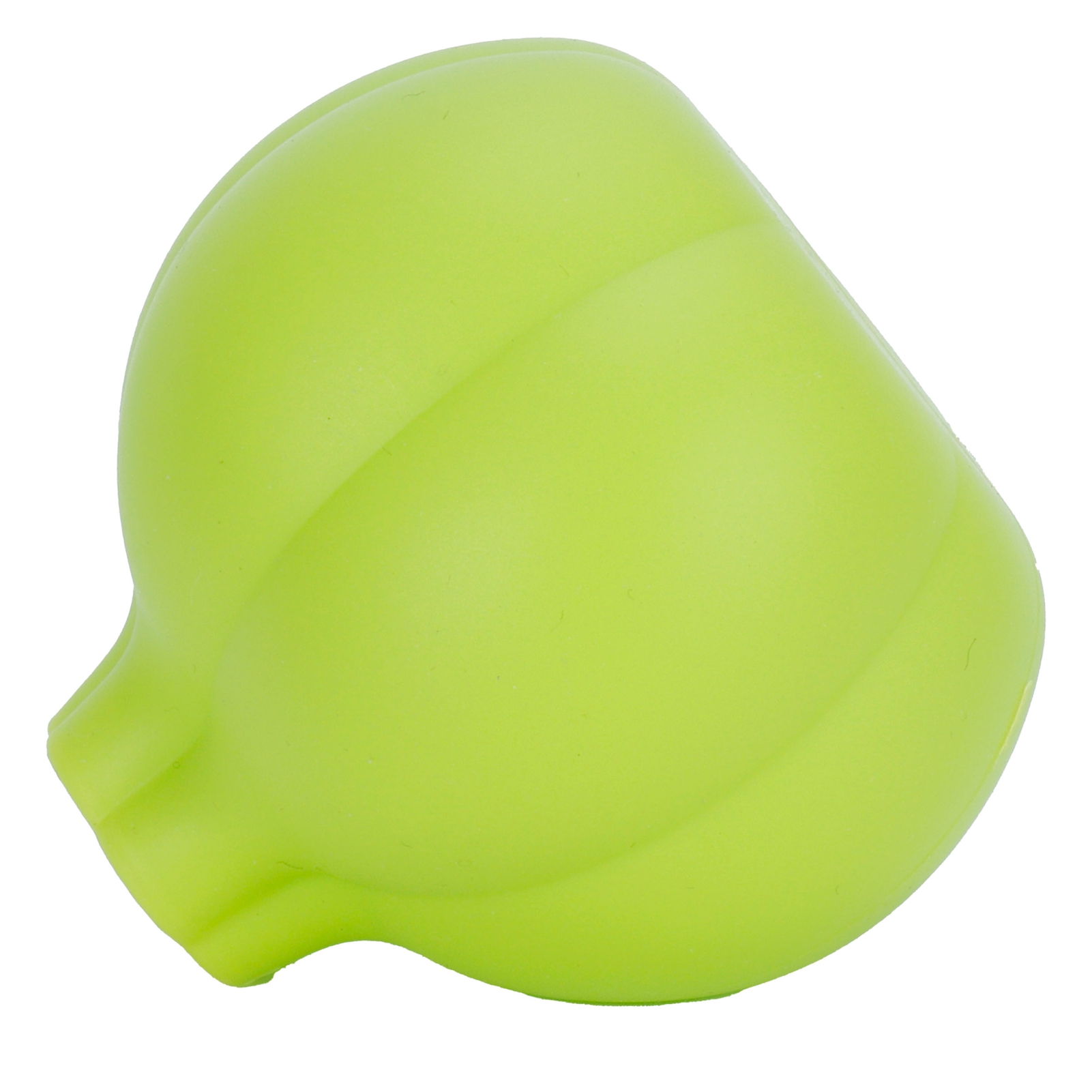 Ein limettengrünes, abgerundetes Objekt mit einem kleinen Ausguss. Es hat Rillen und befindet sich vor einem weißen Hintergrund.