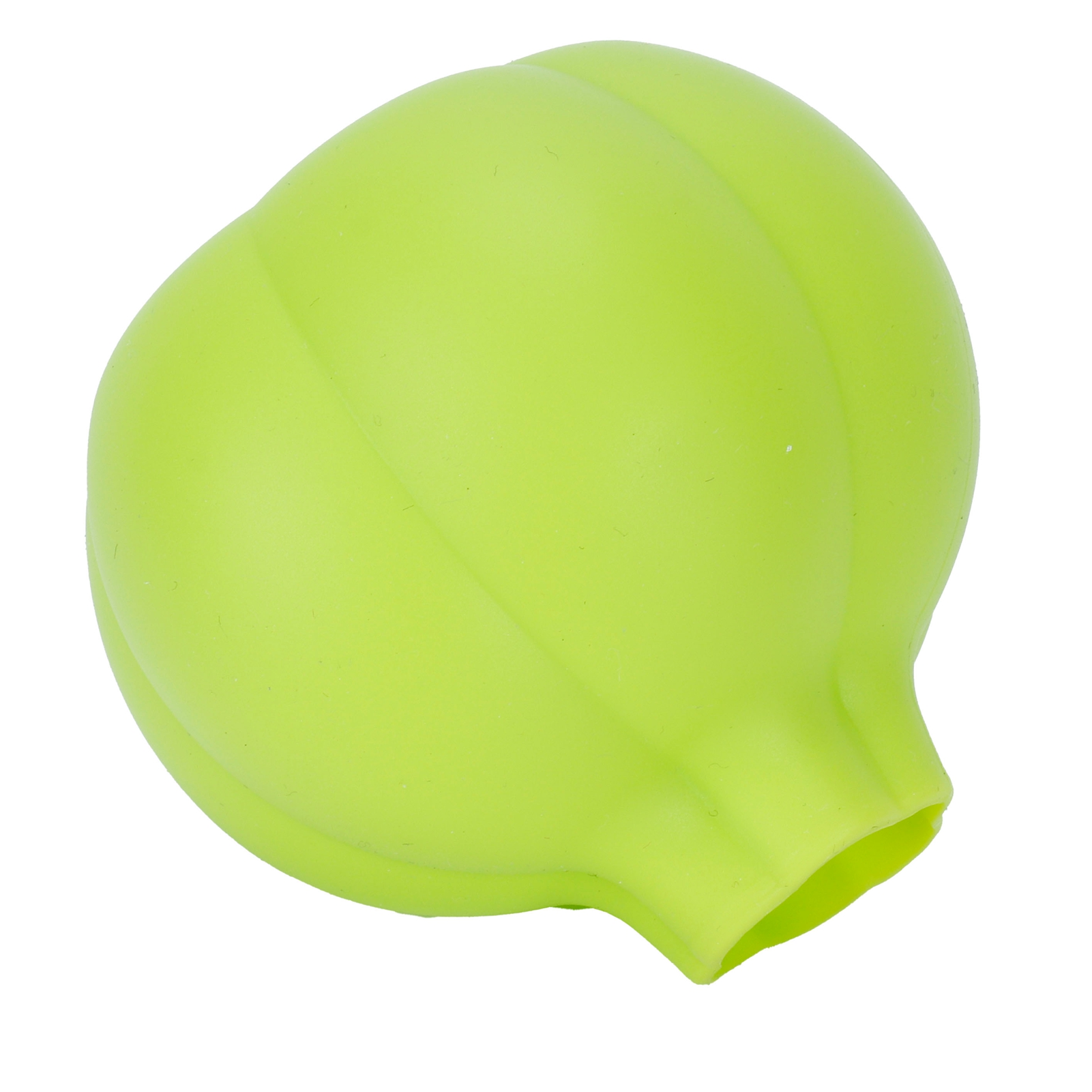 Ein limettengrünes, zwiebelförmiges Objekt mit Rippen, das auf weißem Hintergrund liegt. Es hat einen stielartigen Vorsprung.