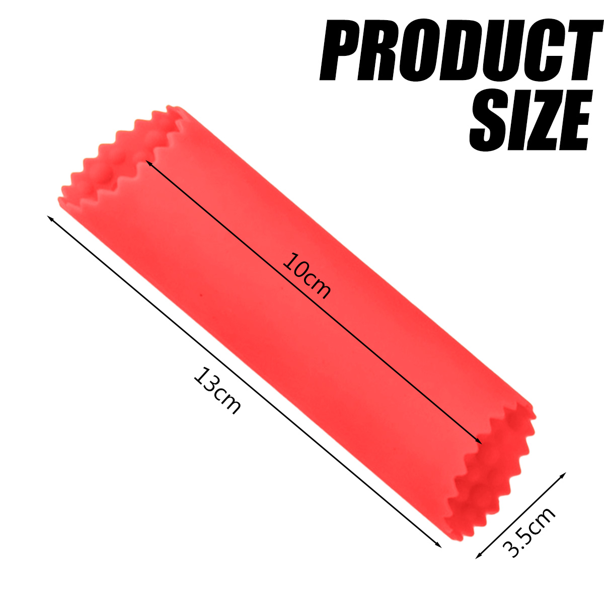 Ein rotes zylindrisches Werkzeug mit gezackten Kanten. Abmessungen sind beschriftet: 13 cm Länge, 10 cm innen und 3,5 cm Breite. Produktgröße.