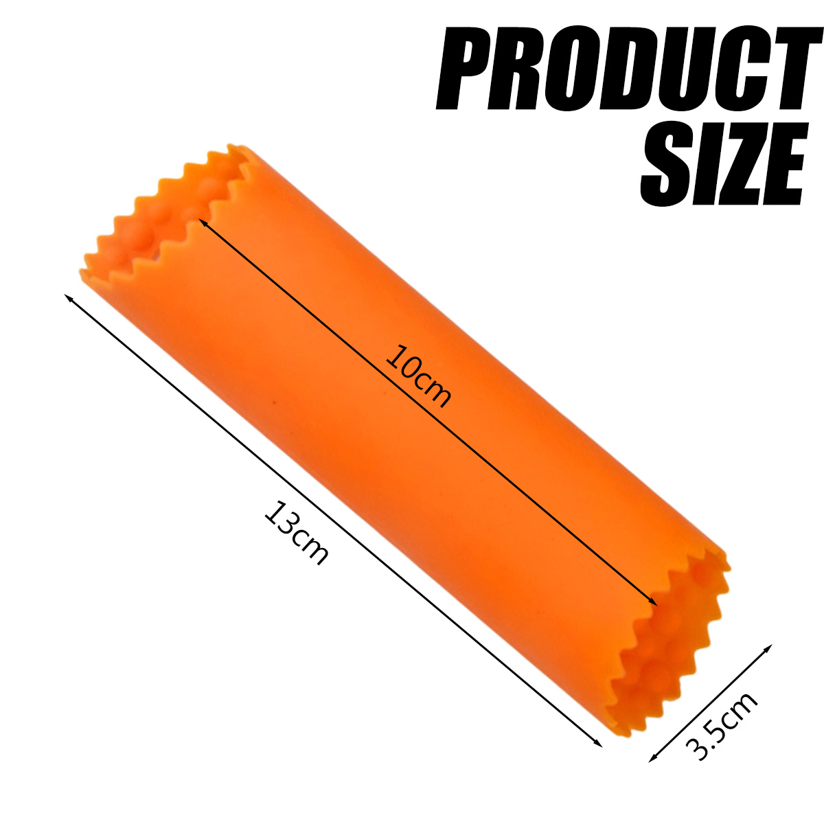 Orangenes zylindrisches Küchenwerkzeug. Text: 'PRODUCT SIZE'. Abmessungen: 13 cm lang, 10 cm sichtbar, 3,5 cm Durchmesser.