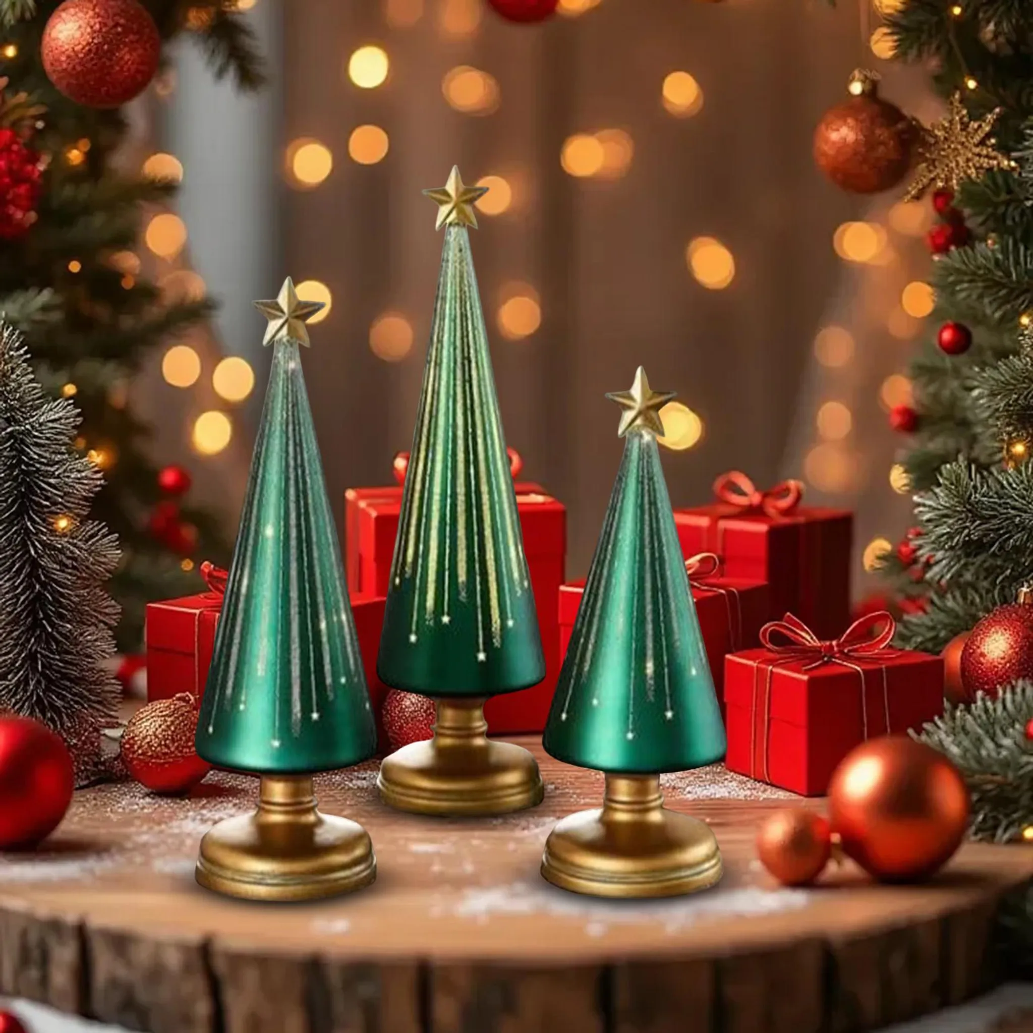 Drei grüne Weihnachtsbaumornamente mit goldenen Sternen auf einer Holzoberfläche, umgeben von Weihnachtsdekorationen.