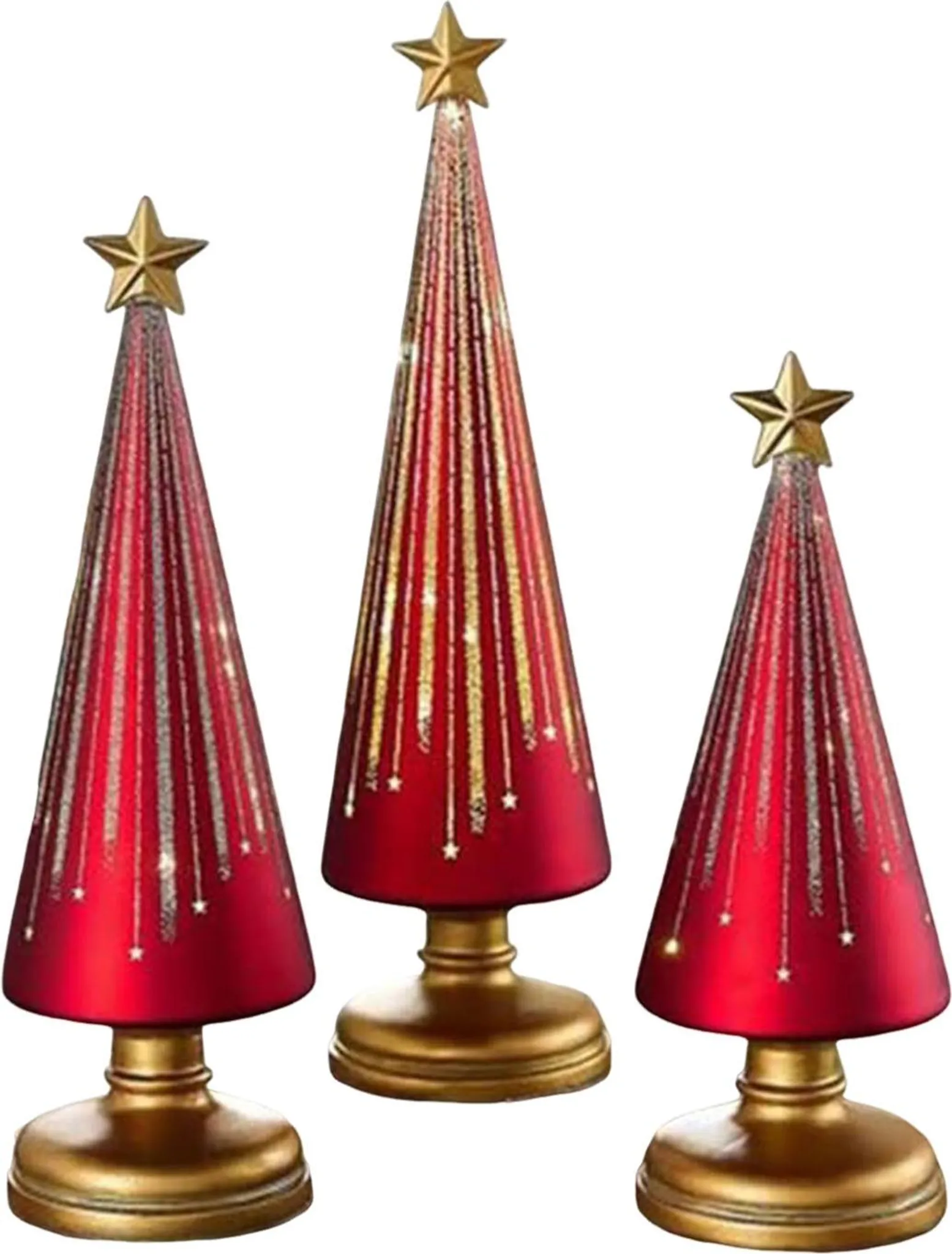 Drei rote Weihnachtsbaumdekorationen, jede mit einem goldenen Stern oben und einem goldenen Sockel, stehen vor Weiß.