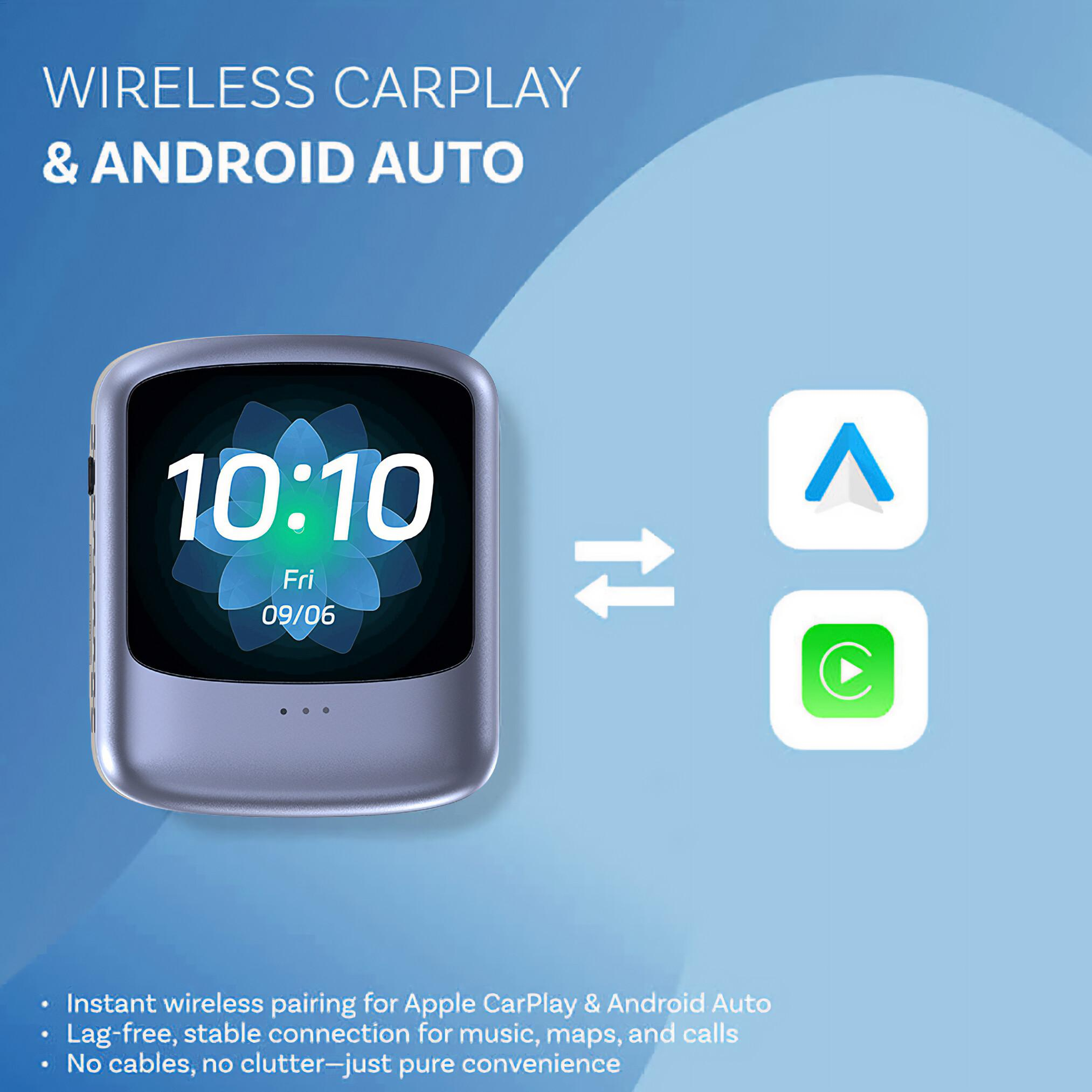 Ein Gerät mit Uhrzeit- und Datumsanzeige neben CarPlay- und Android Auto-Symbolen. Text: Wireless CarPlay & Android Auto.