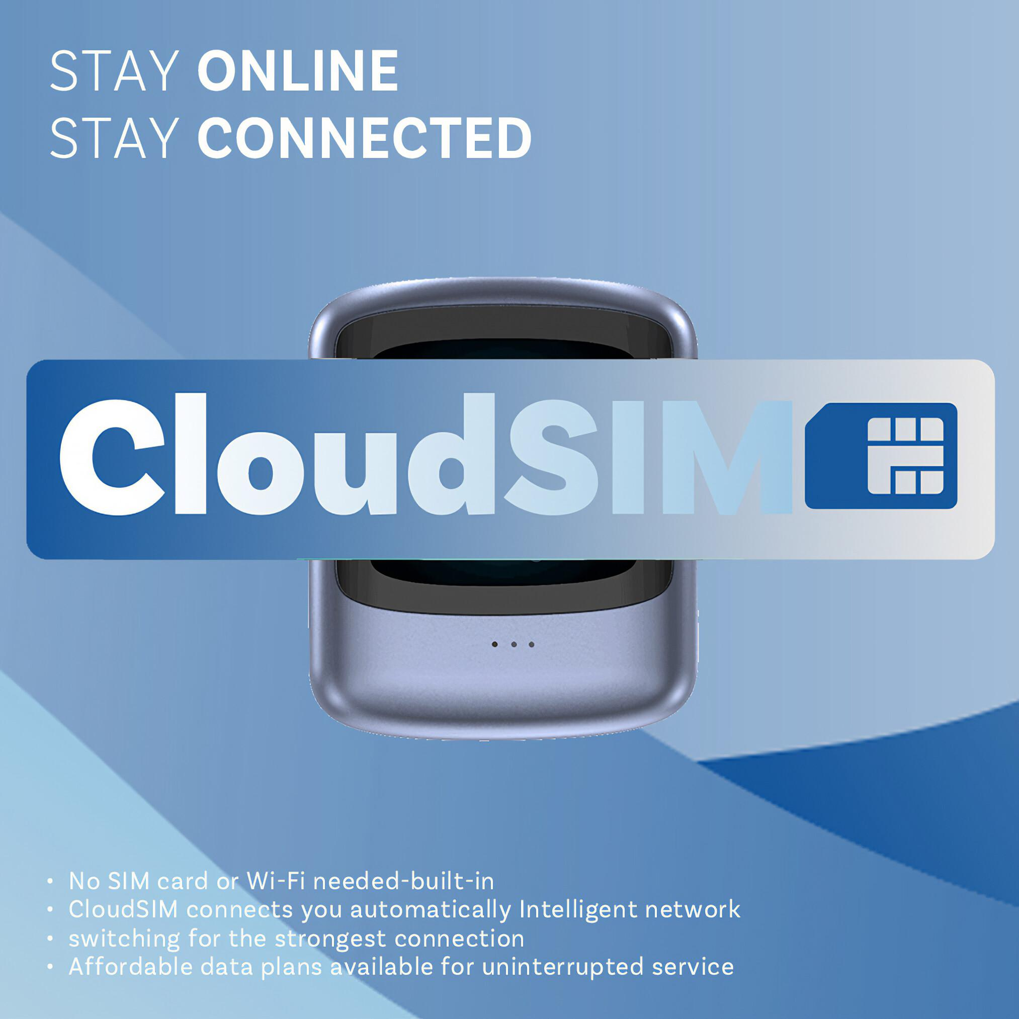 Das Bild zeigt ein Gerät mit CloudSIM-Logo. Der Text lautet 'Bleiben Sie online, bleiben Sie verbunden'. Blauer Hintergrund.