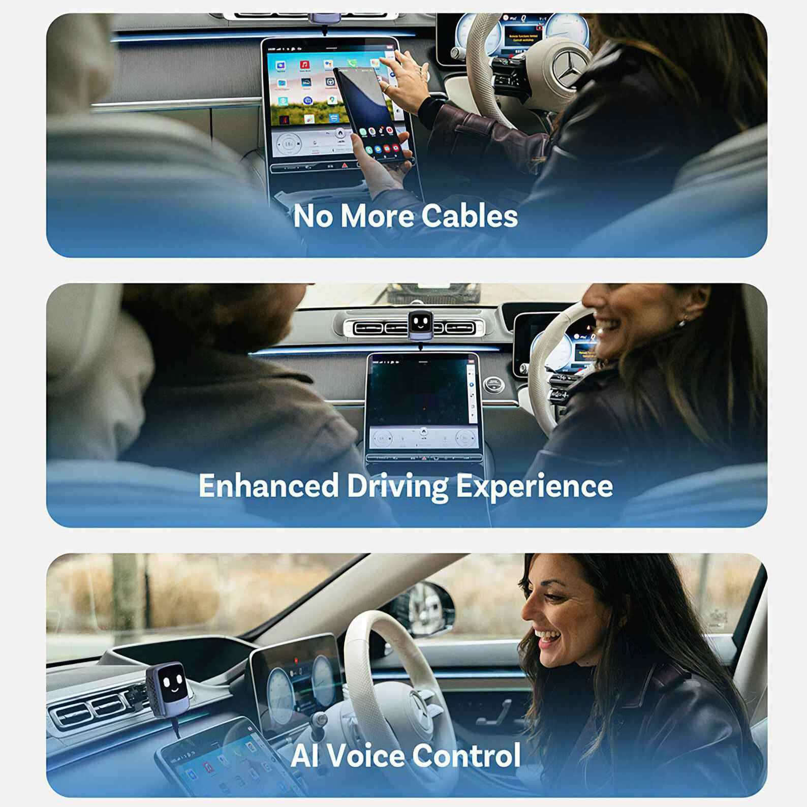 Autointerieur mit drei Szenen: Keine Kabel, verbessertes Fahrerlebnis und KI-Sprachsteuerung.