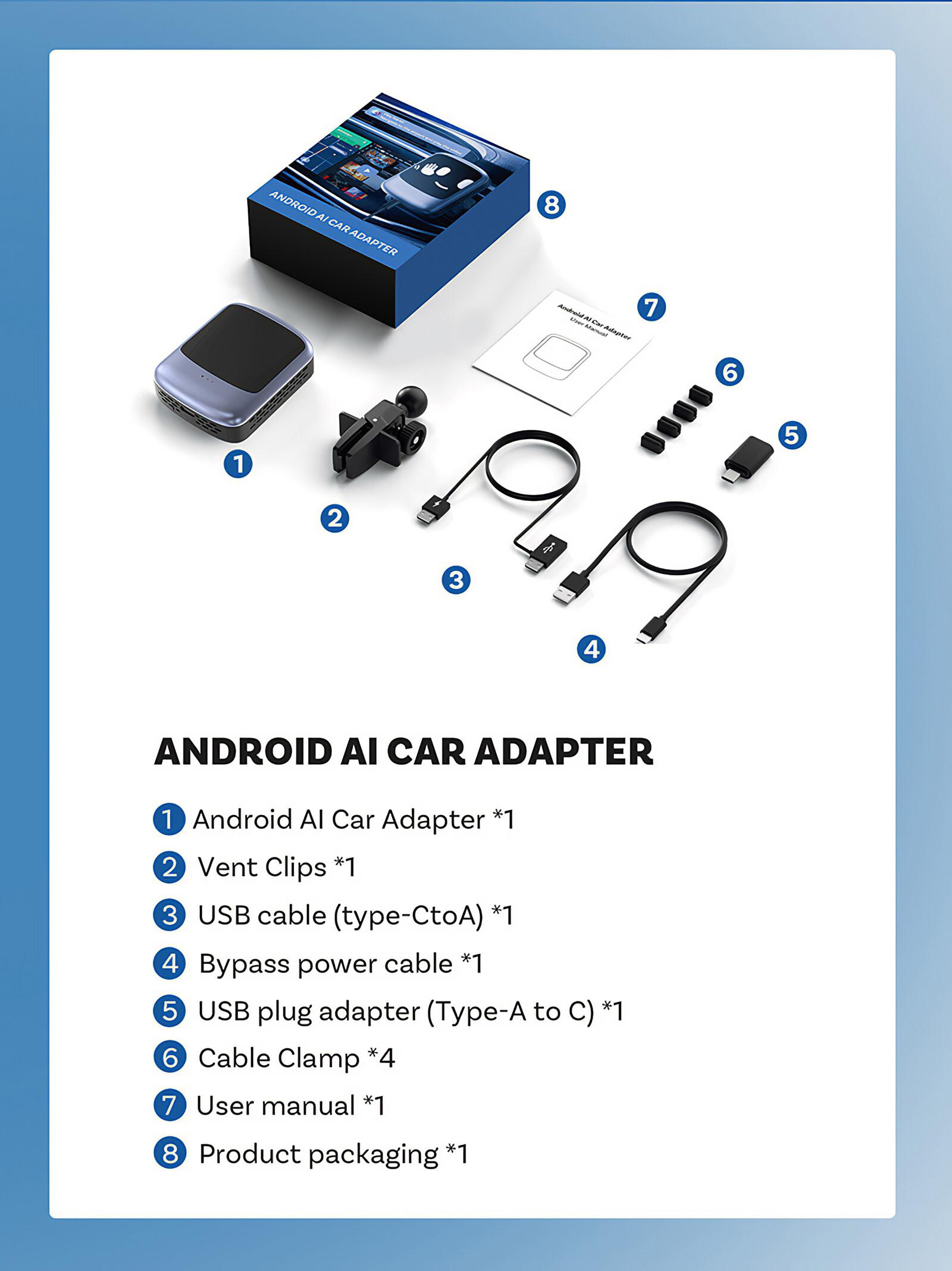 Ein Android-KI-Auto-Adapter-Kit. Enthält Adapter, Kabel, Lüftungsclips, ein Handbuch und Verpackung. Alles auf weißem Untergrund.