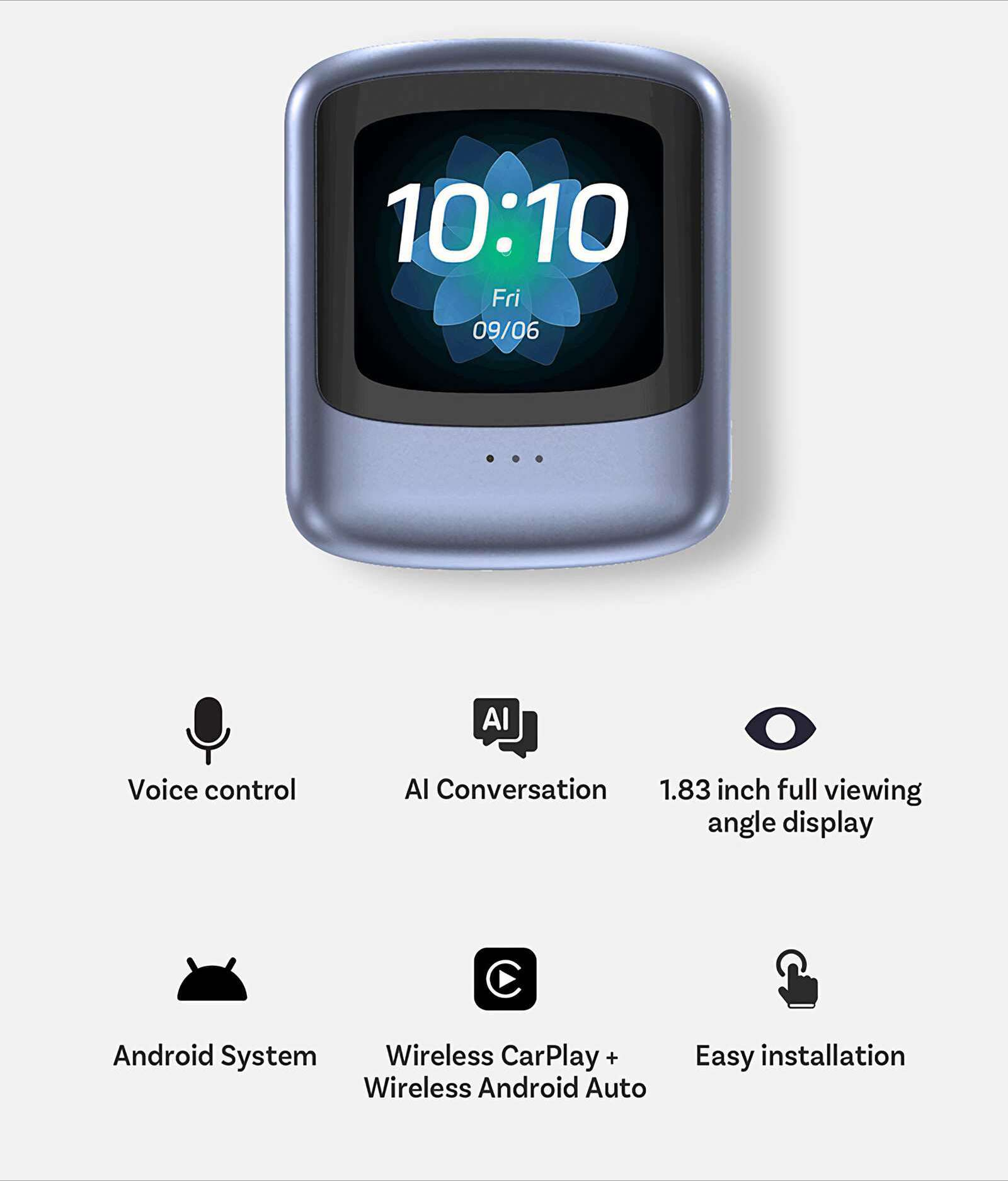 Eine Smartwatch zeigt 10:10, Freitag, 09.06. Funktionen: Sprachsteuerung, KI, 1,83"-Display, Android, CarPlay und einfache Installation.
