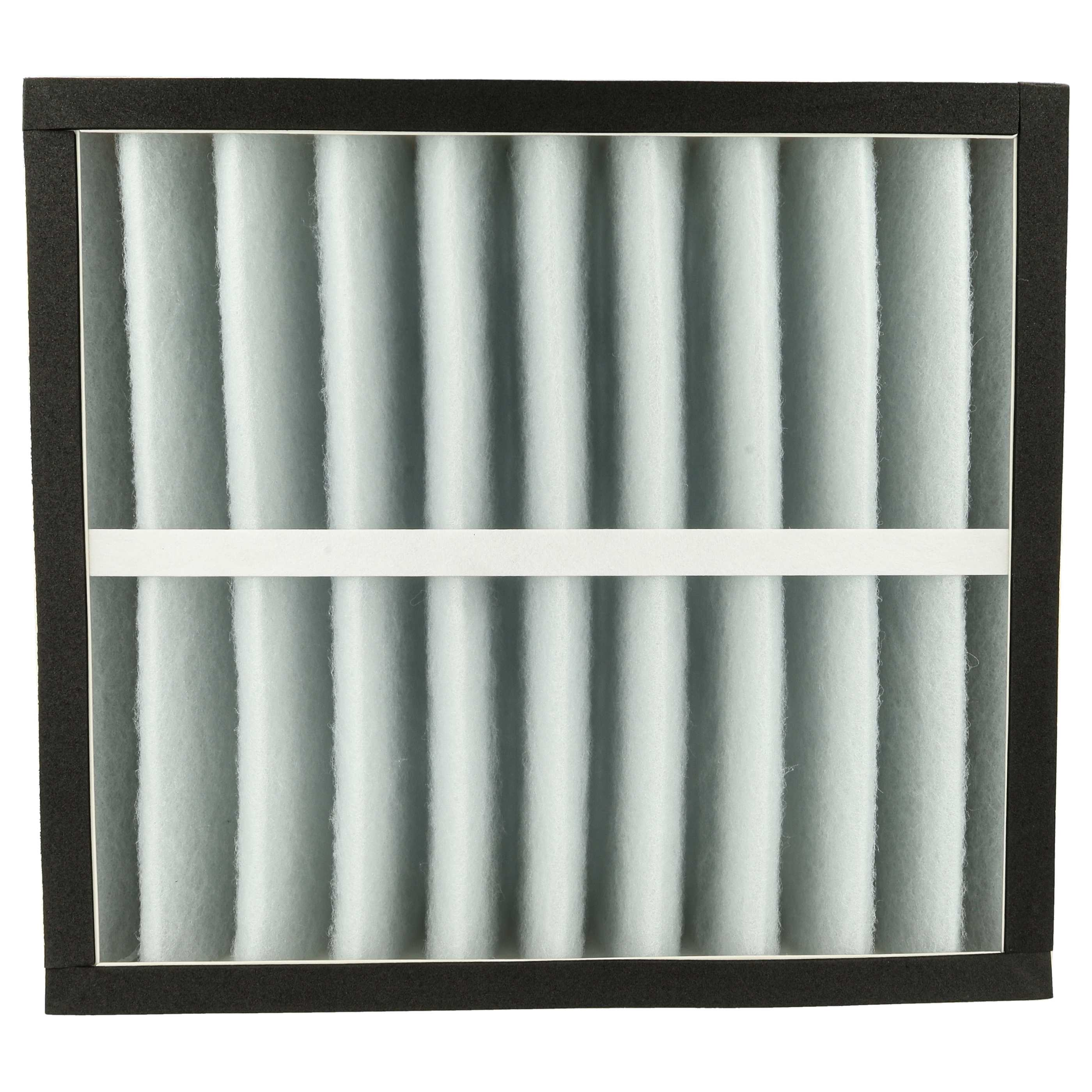 Ein Luftfilter mit gefaltetem Filtermedium. Es hat einen schwarzen Rahmen und ein weißes Band in der Mitte.