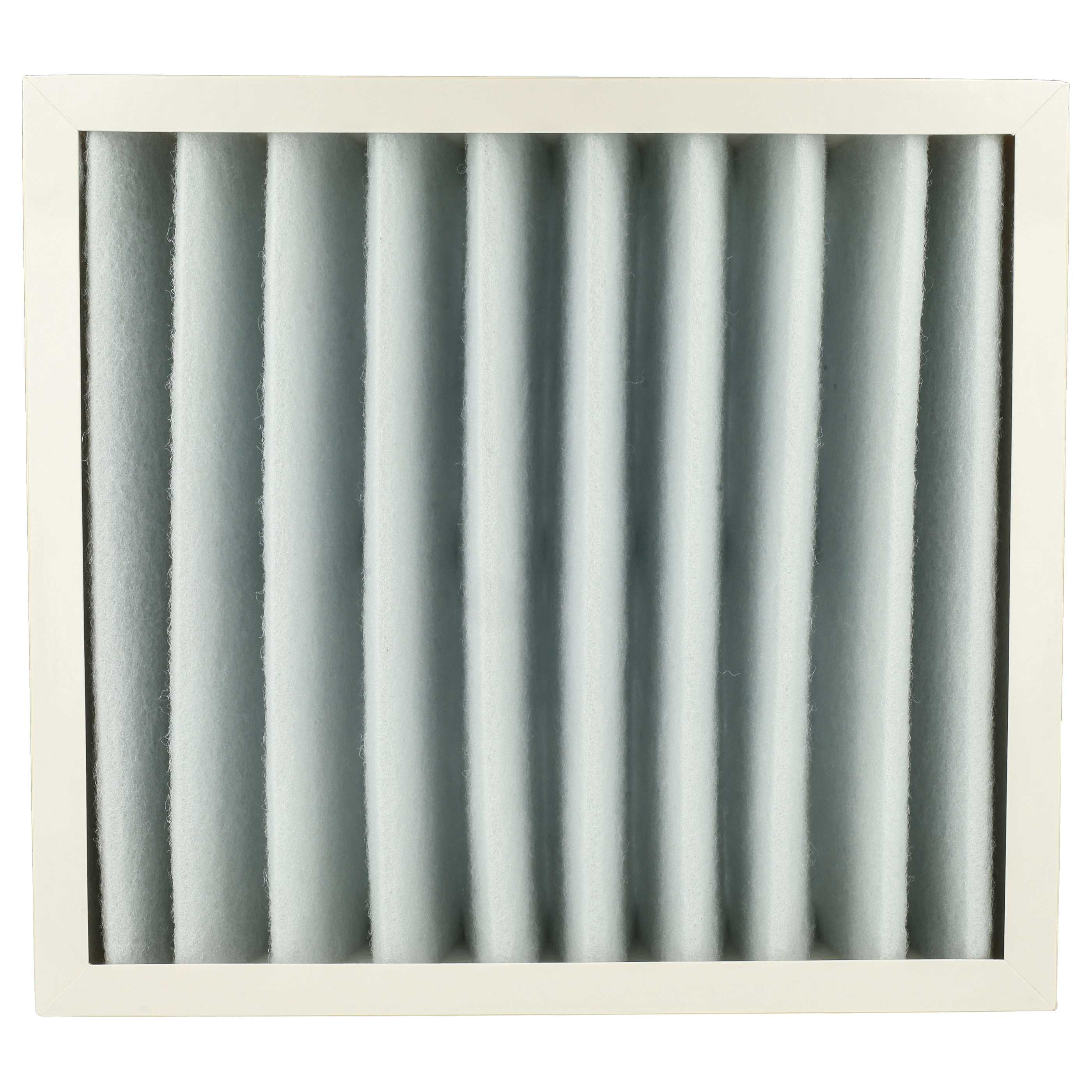 Ein Luftfilter mit weißem Rahmen und plissiertem, hellblauem Filter.