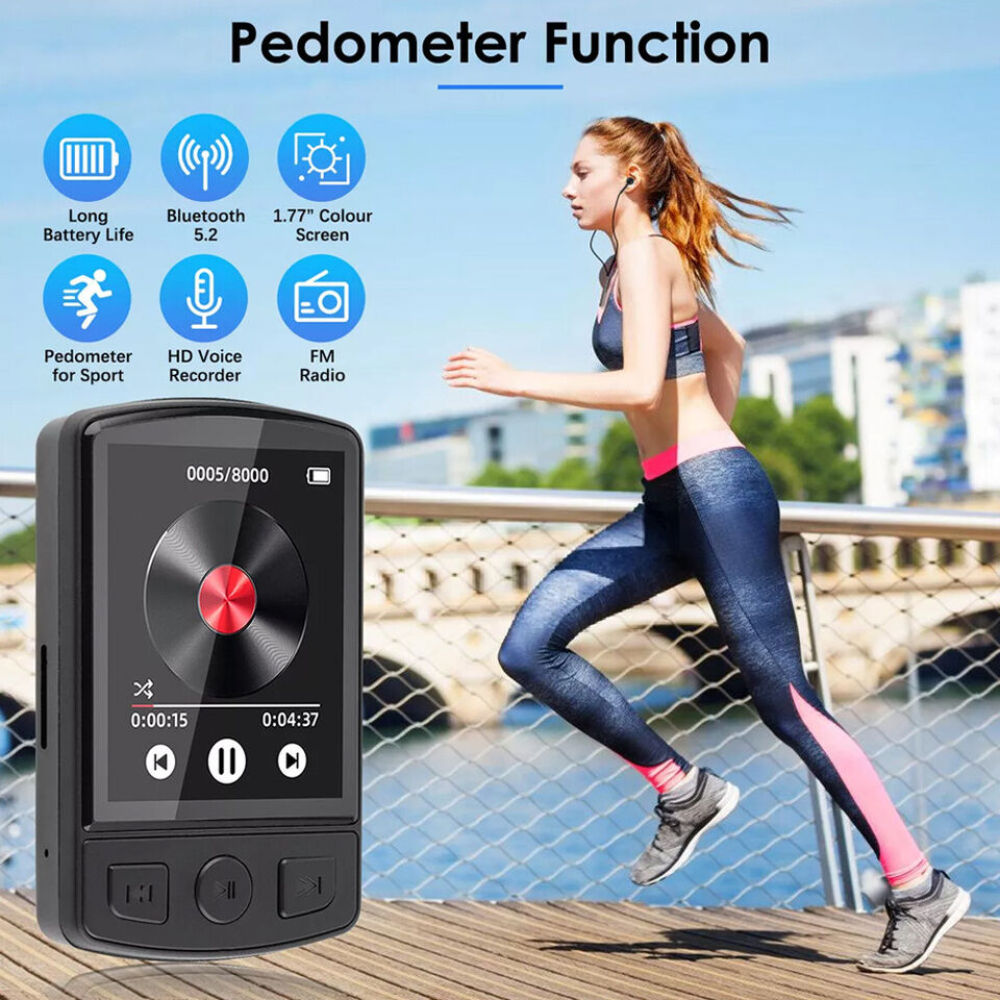 Eine Frau joggt in Sportkleidung, mit einem Musikplayer im Vordergrund. Symbole veranschaulichen Funktionen wie Bluetooth und FM-Radio.