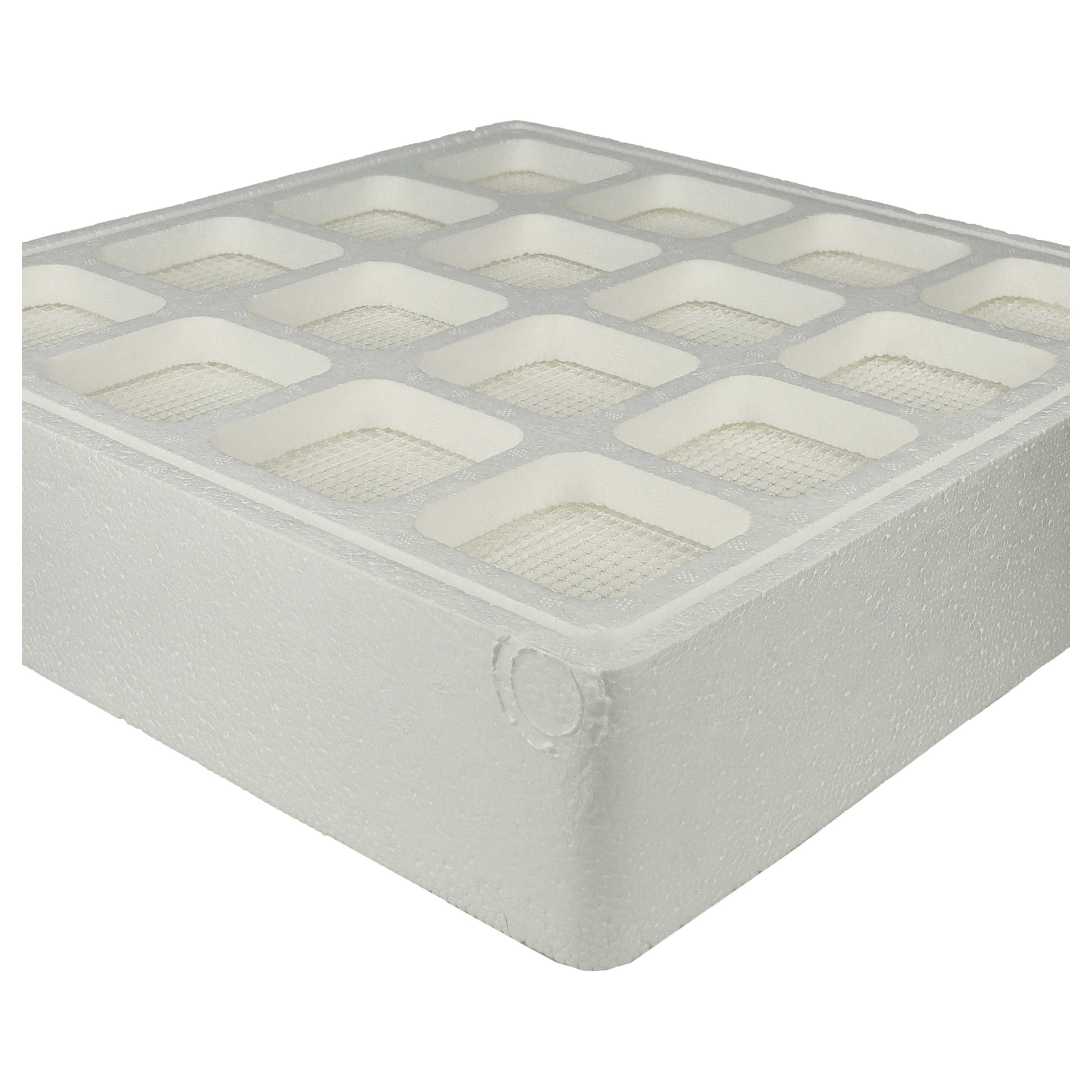Weißes Schaumstofftablett mit Gittermuster und quadratischen Öffnungen. Strukturierte Oberfläche. Weißer Hintergrund.
