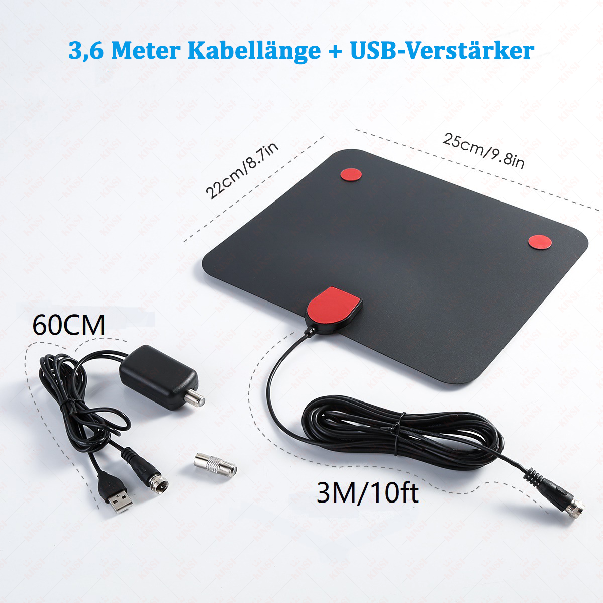 Eine schwarze Antenne mit Maßangaben. Enthält eine schwarze Box, Kabel und Anschlüsse auf weißem Untergrund mit Text.