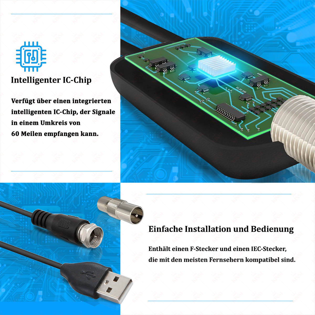 Das Bild zeigt einen IC-Chip, Anschlüsse und Kabel. Der Text hebt die einfache Installation und einen integrierten IC-Chip hervor.