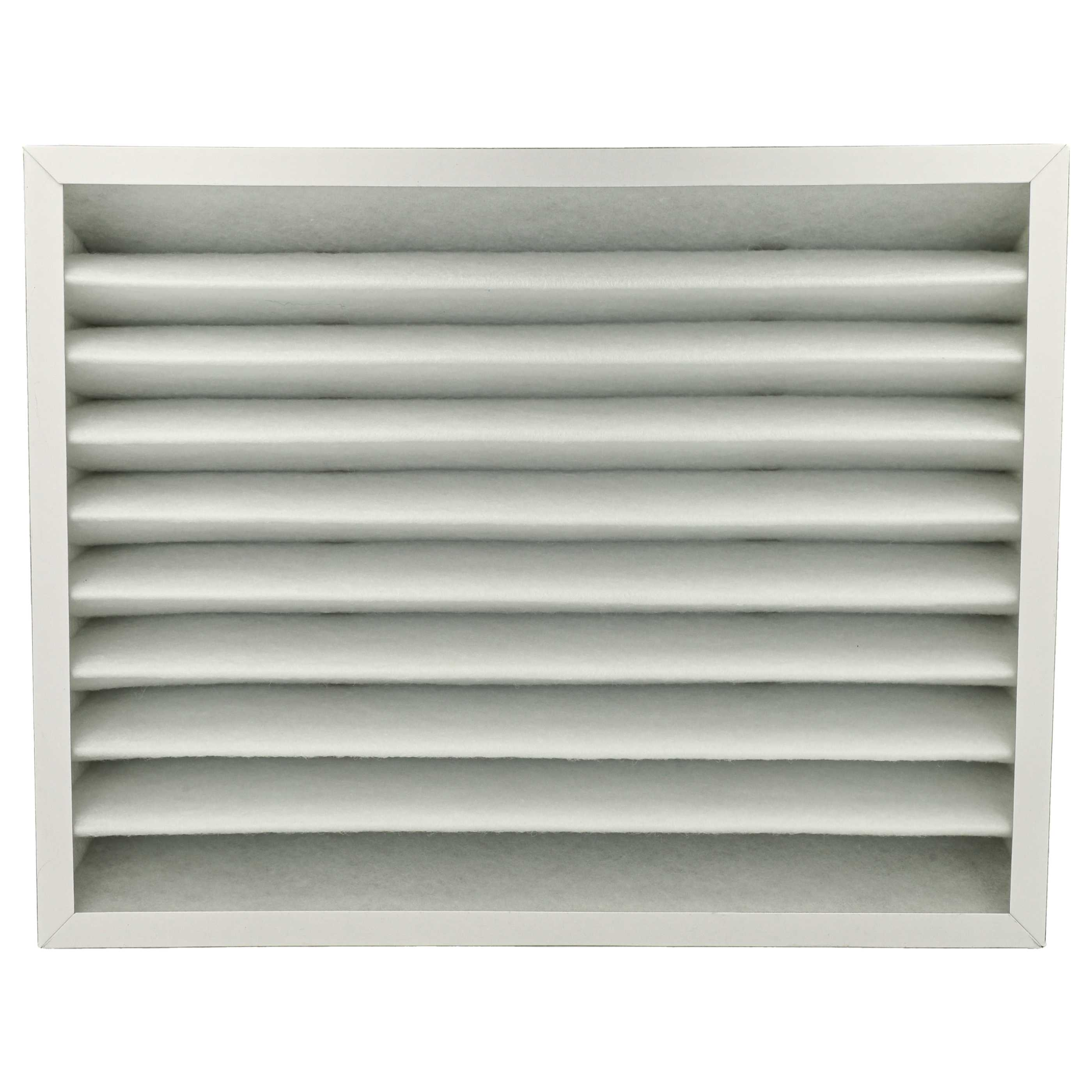 Weißer Luftfilter mit horizontalen Lamellen in einem weißen Rahmen, vor weißem Hintergrund.