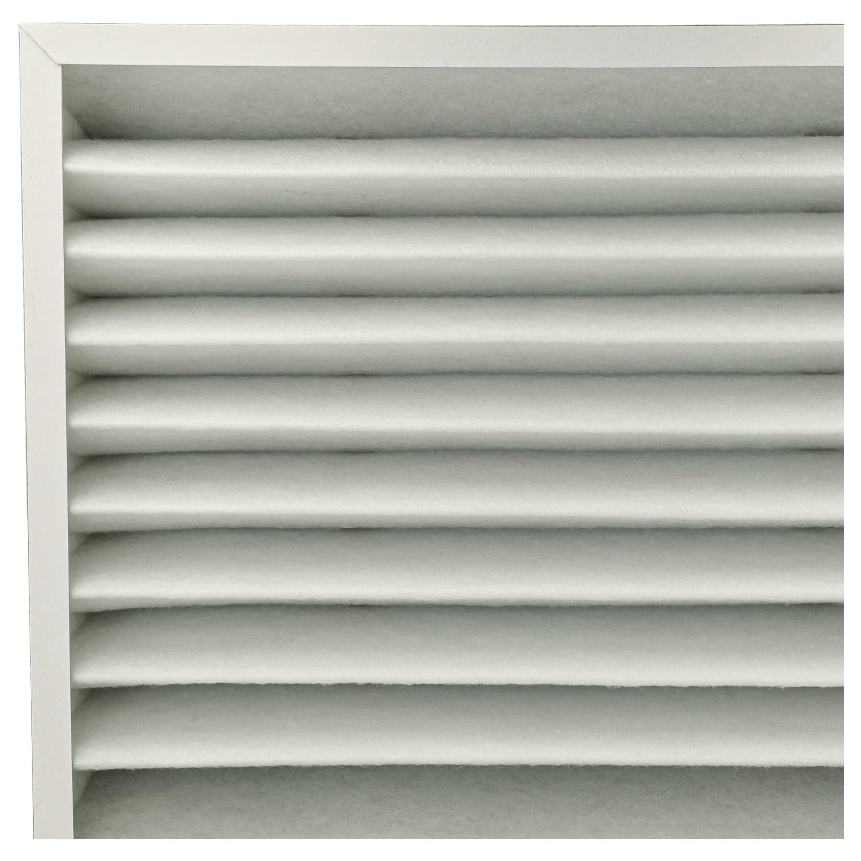 Nahaufnahme eines weißen Luftfilters mit horizontalen Schichten. Der Filter befindet sich in einem weißen Rahmen.