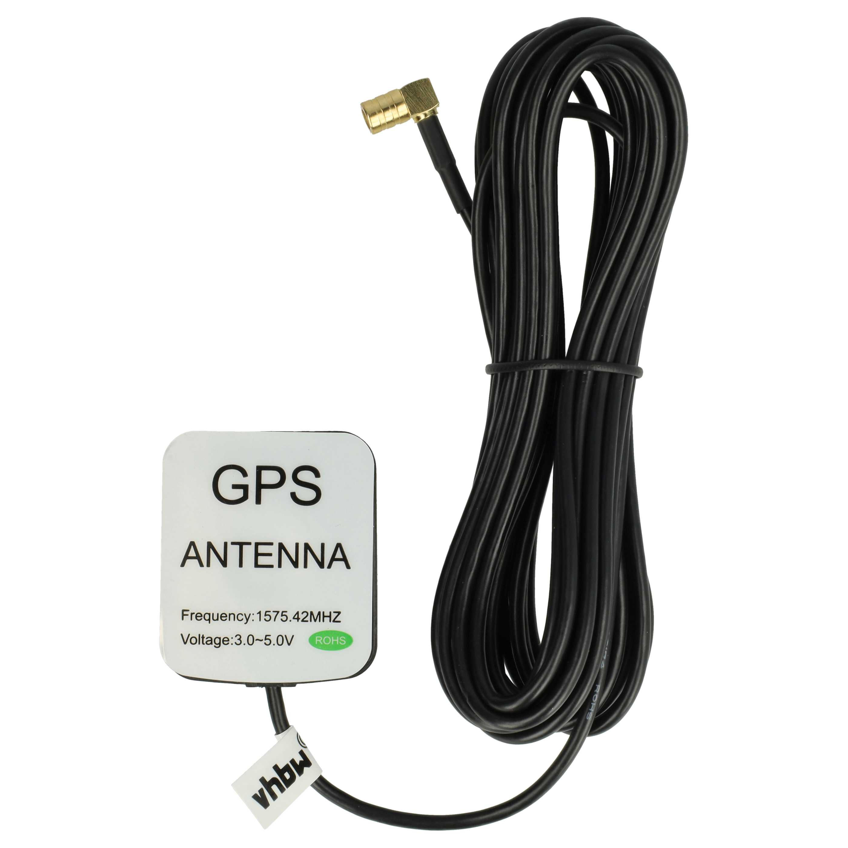 GPS-Antenne mit schwarzem Kabel. Sie hat einen goldenen Stecker und ein weißes Etikett mit Text.