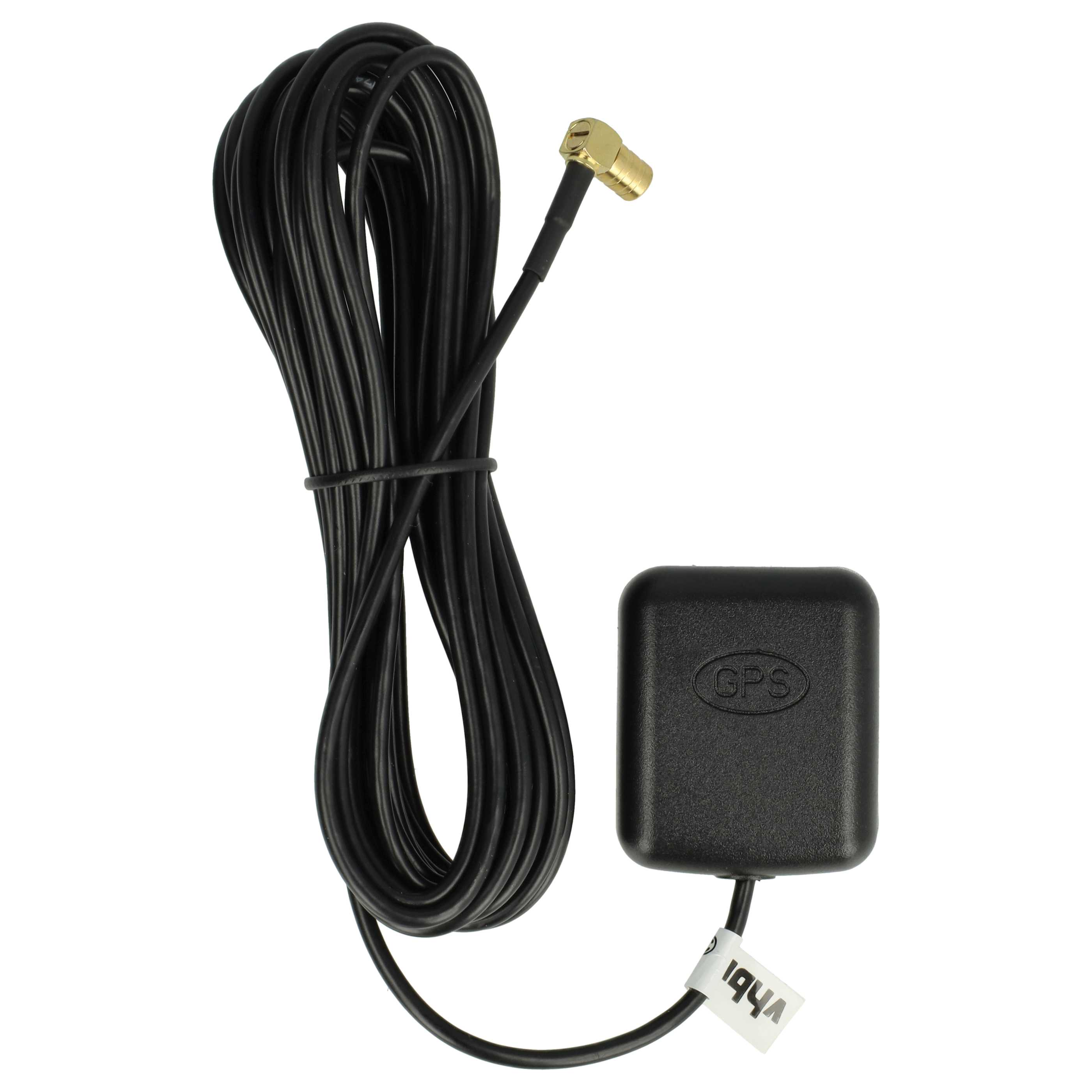 Eine GPS-Antenne mit schwarzem Kabel, Goldstecker und einem schwarzen GPS-Empfänger mit Aufkleber.