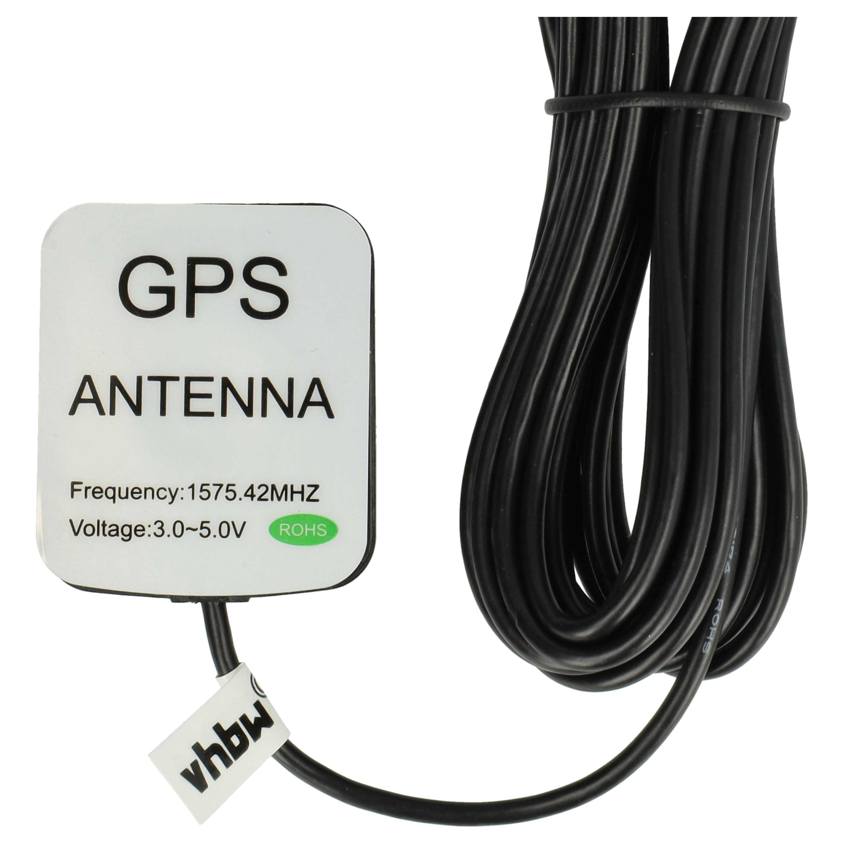 GPS-Antenne mit schwarzem Kabel. Die Antenne hat Text und Spezifikationen auf weißem Grund.