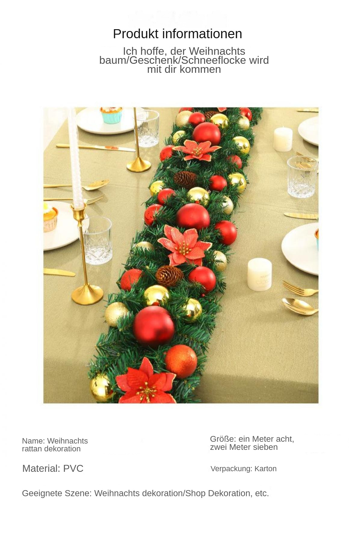 Ein dekorierter Tischläufer mit roten Ornamenten, goldenen Kugeln und roten Blumen. Kerzen und Besteck sind platziert.