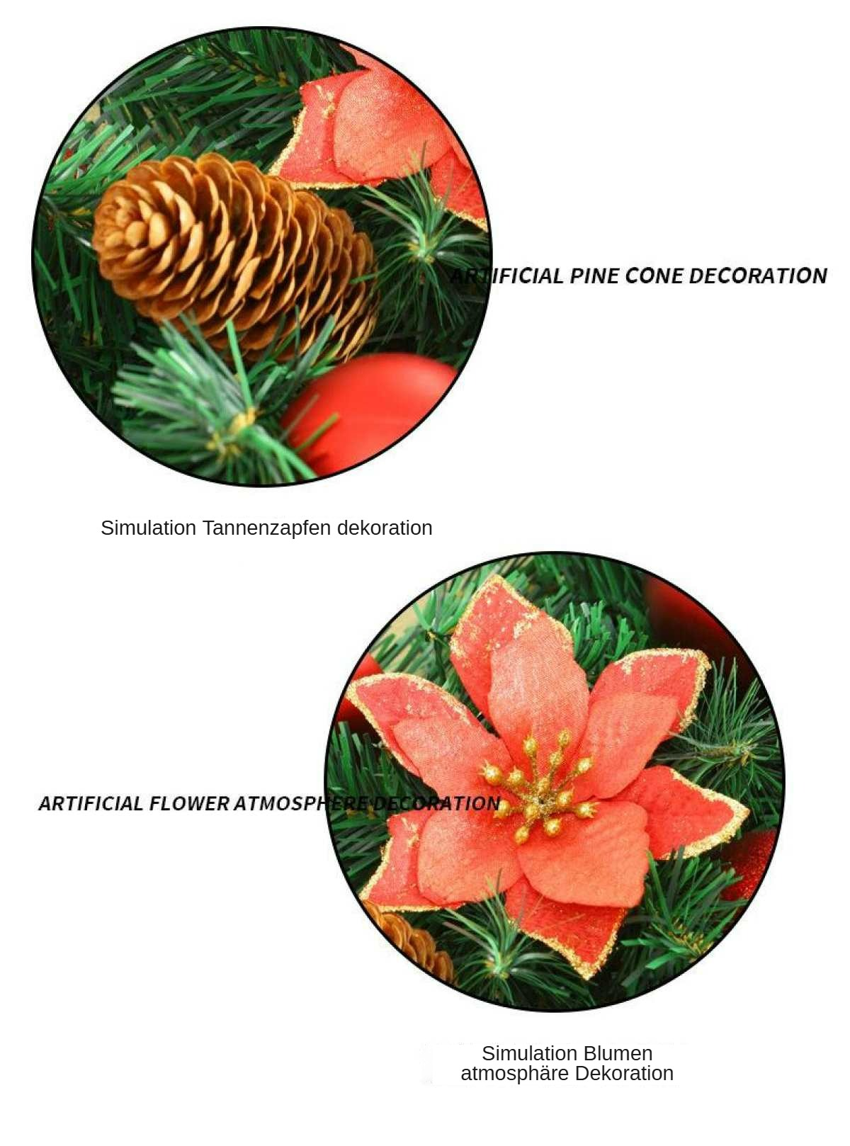 Das Bild zeigt eine Tannenzapfen- und eine rote Blumendekoration. Beide befinden sich in runden Rahmen mit grünen Blättern.