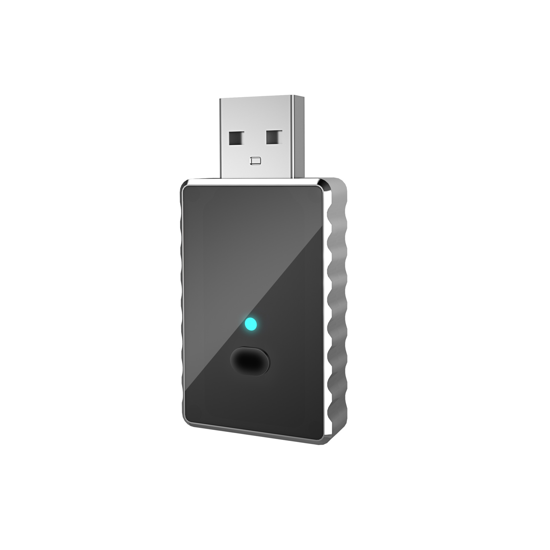 Ein schwarzes und silbernes USB-Gerät mit blauem Licht und Knopf, isoliert auf weißem Hintergrund.