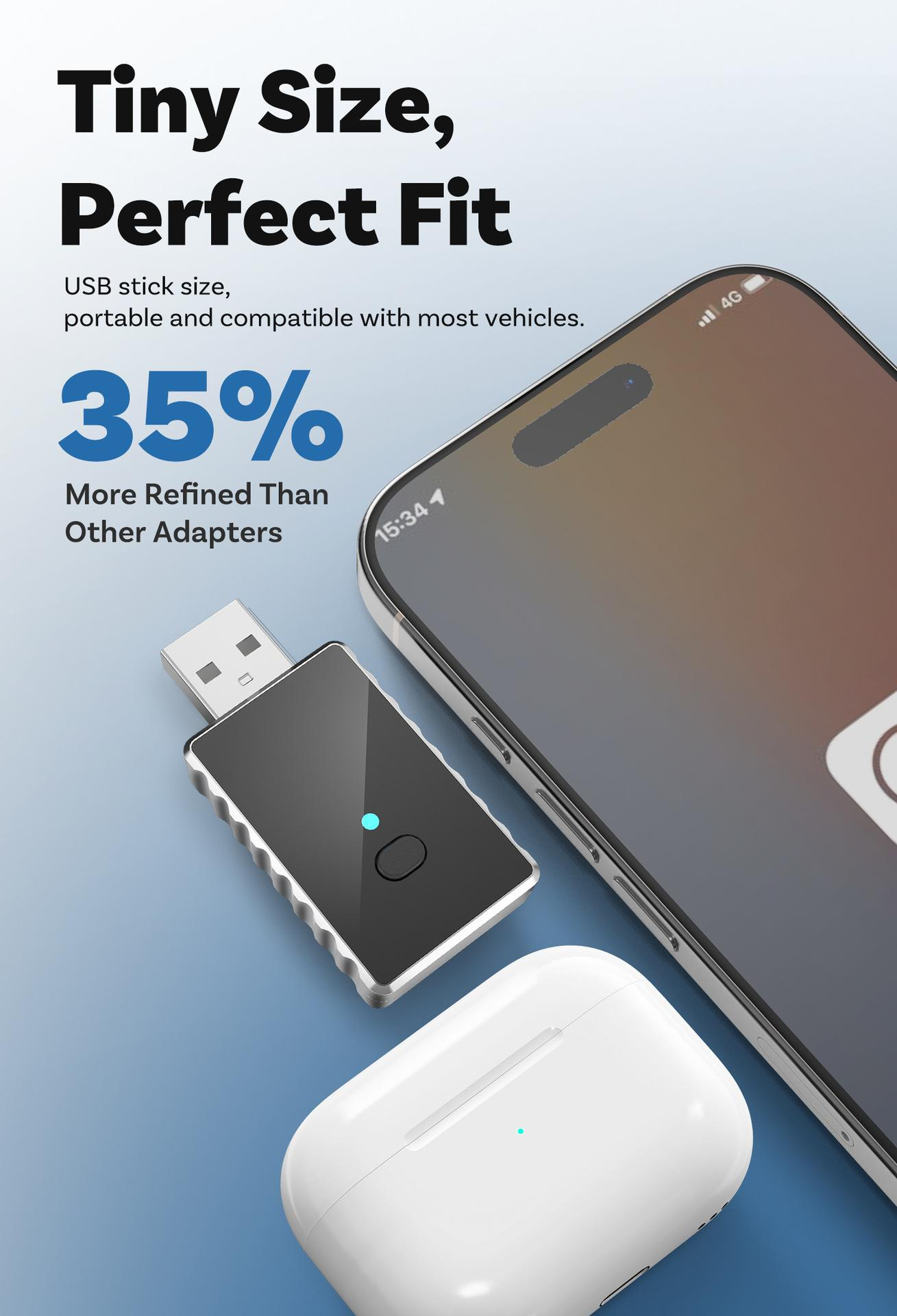 Auf einer blauen Oberfläche befinden sich ein Telefon, ein USB-Adapter und ein Kopfhörer-Etui. Der Text lautet 'Tiny Size, Perfect Fit' und '35% More Refined'.