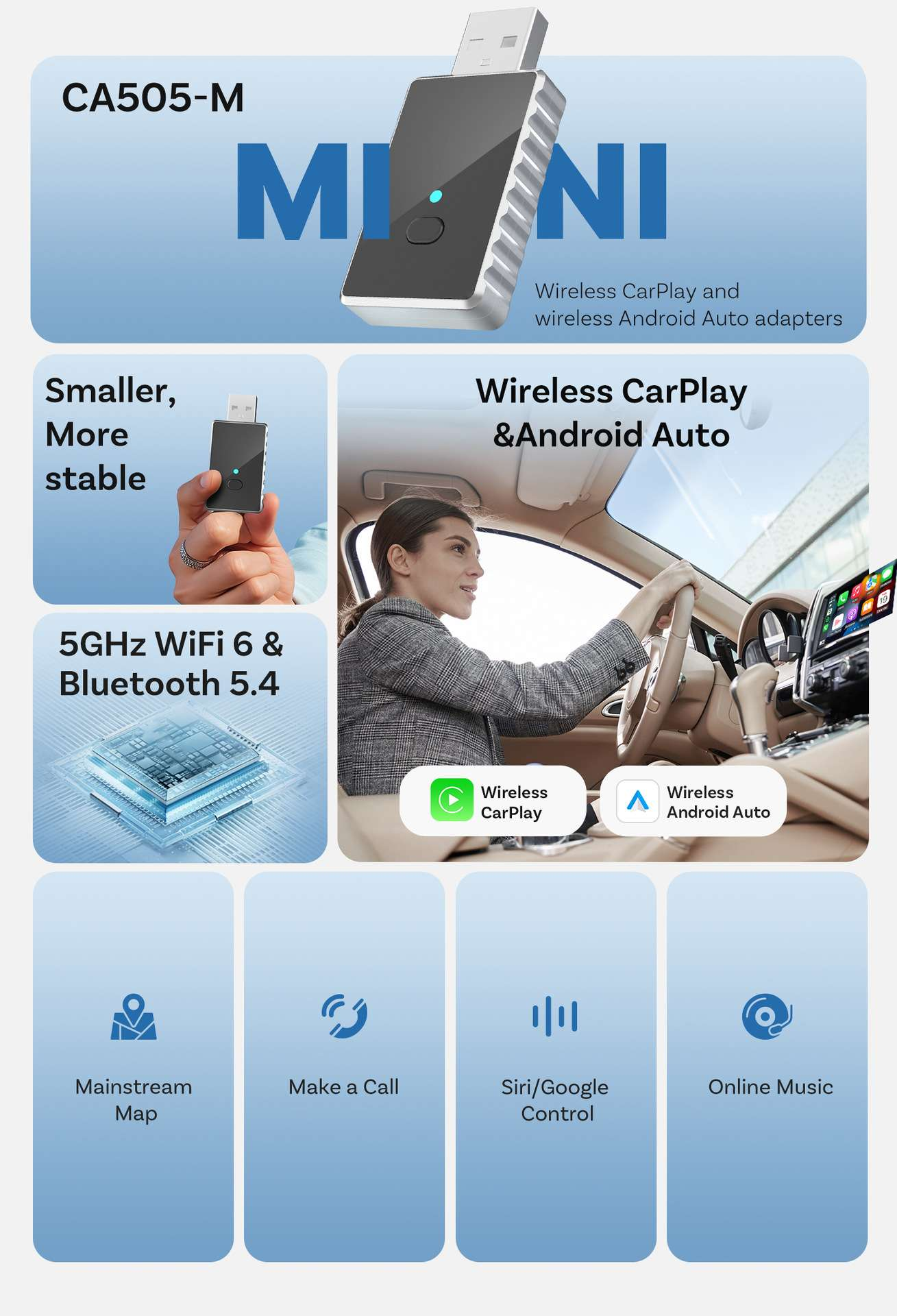 Das Bild zeigt einen drahtlosen CarPlay-Adapter, eine Frau, die ein Auto fährt, und Symbole für Funktionen wie Karten und Musik.