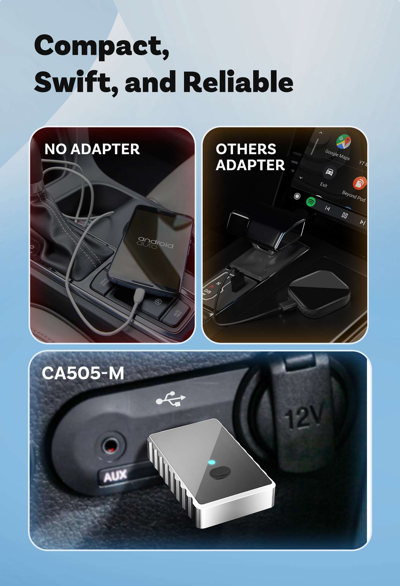 Das Bild zeigt den Innenraum eines Autos mit angeschlossenem Mobiltelefon, Adapter und einem Gerät mit der Bezeichnung CA505-M.